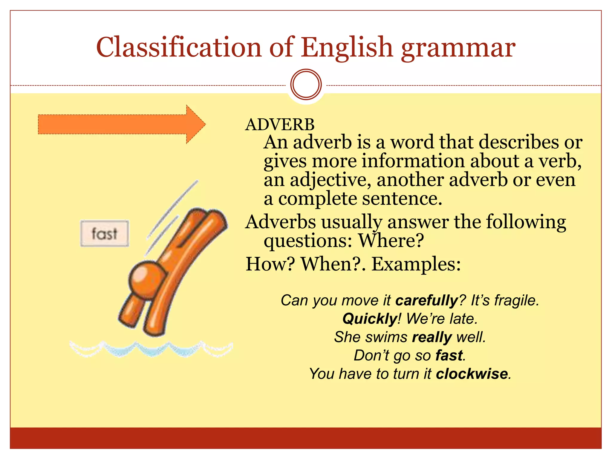 Classification of English grammar
ADVERB
An adverb is a word that describes or
gives more information about a verb,
an adjective, another adverb or even
a complete sentence.
Adverbs usually answer the following
questions: Where?
How? When?. Examples:
Can you move it carefully? It’s fragile.
Quickly! We’re late.
She swims really well.
Don’t go so fast.
You have to turn it clockwise.
 