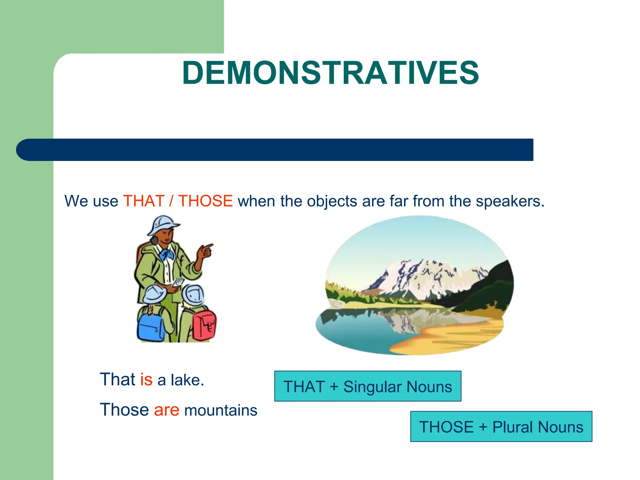 DEMONSTRATIVES
We use THAT / THOSE when the objects are far from the speakers.
That is a lake.
Those are mountains
THAT + Singular Nouns
THOSE + Plural Nouns
 