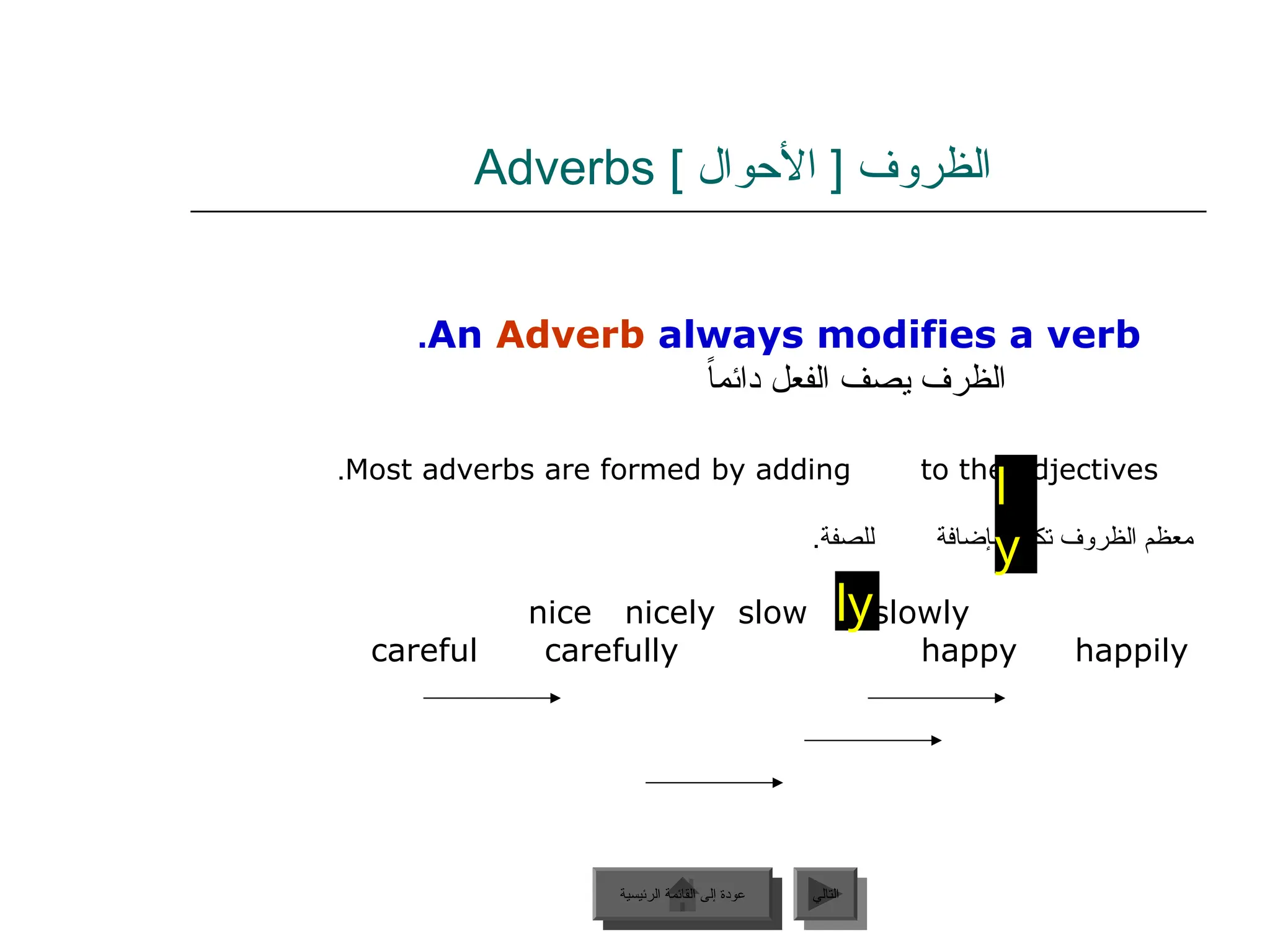 [ ‫الظروف‬
‫األحوال‬
]
Adverbs
An Adverb always modifies a verb
.
ً‫ا‬‫دائم‬ ‫الفعل‬ ‫يصف‬ ‫الظرف‬
Most adverbs are formed by adding to the adjectives
.
.‫للصفة‬ ‫بإضافة‬ ‫ن‬ّ
‫و‬‫تك‬ ‫الظروف‬ ‫معظم‬
slowly
slow
nicely
nice
happily
happy
carefully
careful
‫الرئيسية‬ ‫القائمة‬ ‫إلى‬ ‫عودة‬ ‫التالي‬
l
y
ly
‫الرئيسية‬ ‫القائمة‬ ‫إلى‬ ‫عودة‬
 