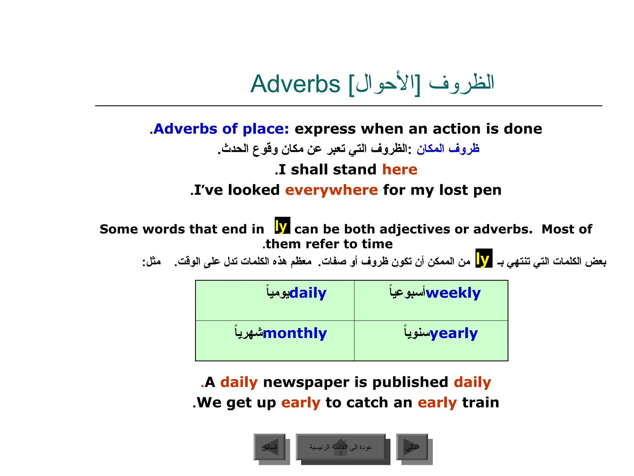 ]‫[األحوال‬ ‫الظروف‬
Adverbs
Adverbs of place: express when an action is done
.
‫المكان‬ ‫ظروف‬
.‫الحدث‬ ‫وقوع‬ ‫مكان‬ ‫عن‬ ‫تعبر‬ ‫التي‬ ‫الظروف‬:
I shall stand here
.
I’ve looked everywhere for my lost pen
.
Some words that end in can be both adjectives or adverbs. Most of
them refer to time
.
:‫مثل‬ .‫الوقت‬ ‫على‬ ‫تدل‬ ‫الكلمات‬ ‫هذه‬ ‫معظم‬ .‫صفات‬ ‫أو‬ ‫ظروف‬ ‫تكون‬ ‫أن‬ ‫الممكن‬ ‫من‬ ‫بـ‬ ‫تنتهي‬ ‫التي‬ ‫الكلمات‬ ‫بعض‬
A daily newspaper is published daily
.
We get up early to catch an early train
.
‫الرئيسية‬ ‫القائمة‬ ‫إلى‬ ‫عودة‬ ‫التالي‬
‫السابق‬
ly
ly
daily
ً
‫ا‬‫يومي‬ weekly
ً
‫ا‬‫أسبوعي‬
monthly
ً
‫ا‬‫شهري‬ yearly
ً
‫ا‬‫سنوي‬
‫الرئيسية‬ ‫القائمة‬ ‫إلى‬ ‫عودة‬
 