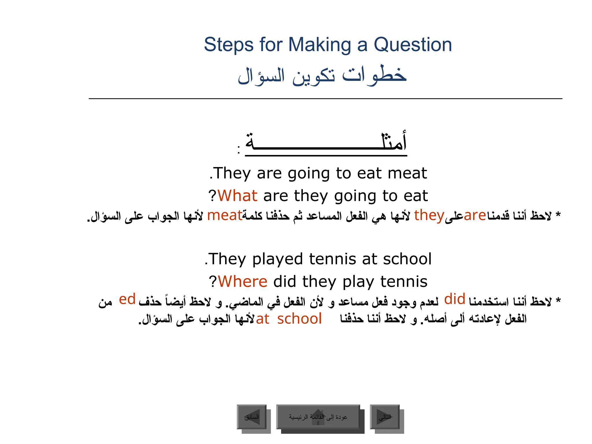 Steps for Making a Question
‫خطوات‬
‫السؤال‬ ‫تكوين‬
‫أمثلــــــــــــــــــــــة‬
:
They are going to eat meat
.
What are they going to eat
?
.‫السؤال‬ ‫على‬ ‫الجواب‬ ‫ألنها‬ ‫كلمة‬ ‫حذفنا‬ ‫ثم‬ ‫المساعد‬ ‫الفعل‬ ‫هي‬ ‫ألنها‬ ‫على‬ ‫قدمنا‬ ‫أننا‬ ‫الحظ‬ *
They played tennis at school
.
Where did they play tennis
?
‫من‬ ‫حذف‬ ً
‫ا‬‫أيض‬ ‫الحظ‬ ‫و‬ .‫الماضي‬ ‫في‬ ‫الفعل‬ ‫ألن‬ ‫و‬ ‫مساعد‬ ‫فعل‬ ‫وجود‬ ‫لعدم‬ ‫استخدمنا‬ ‫أننا‬ ‫الحظ‬ *
‫حذفنا‬ ‫أننا‬ ‫الحظ‬ ‫و‬ .‫أصله‬ ‫ألى‬ ‫إلعادته‬ ‫الفعل‬
.‫السؤال‬ ‫على‬ ‫الجواب‬ ‫ألنها‬
they are
meat
did
ed
at school
‫الرئيسية‬ ‫القائمة‬ ‫إلى‬ ‫عودة‬ ‫التالي‬
‫السابق‬ ‫الرئيسية‬ ‫القائمة‬ ‫إلى‬ ‫عودة‬
 