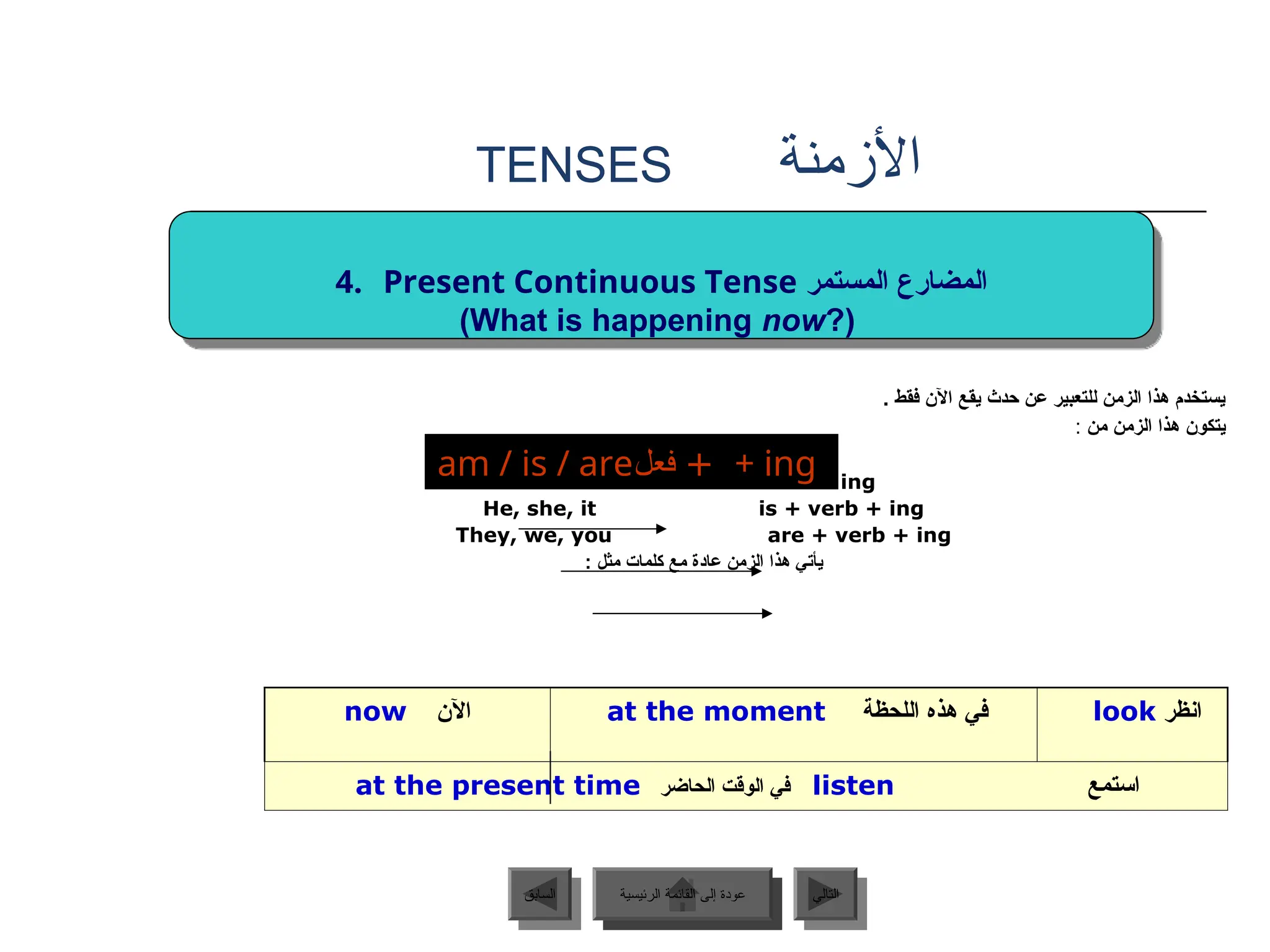‫األزمنة‬
TENSES
. ‫فقط‬ ‫اآلن‬ ‫يقع‬ ‫حدث‬ ‫عن‬ ‫للتعبير‬ ‫الزمن‬ ‫هذا‬ ‫يستخدم‬
‫من‬ ‫الزمن‬ ‫هذا‬ ‫يتكون‬
:
I am + verb + ing
He, she, it is + verb + ing
They, we, you are + verb + ing
: ‫مثل‬ ‫كلمات‬ ‫مع‬ ‫عادة‬ ‫الزمن‬ ‫هذا‬ ‫يأتي‬
‫اآلن‬
now ‫اللحظة‬ ‫هذه‬ ‫في‬
at the moment ‫انظر‬
look
‫استمع‬
listen
‫الحاضر‬ ‫الوقت‬ ‫في‬
at the present time
am / is / are‫فعل‬ + + ing
4. Present Continuous Tense ‫المستمر‬ ‫المضارع‬
(What is happening now?)
‫الرئيسية‬ ‫القائمة‬ ‫إلى‬ ‫عودة‬ ‫التالي‬
‫السابق‬ ‫الرئيسية‬ ‫القائمة‬ ‫إلى‬ ‫عودة‬
 