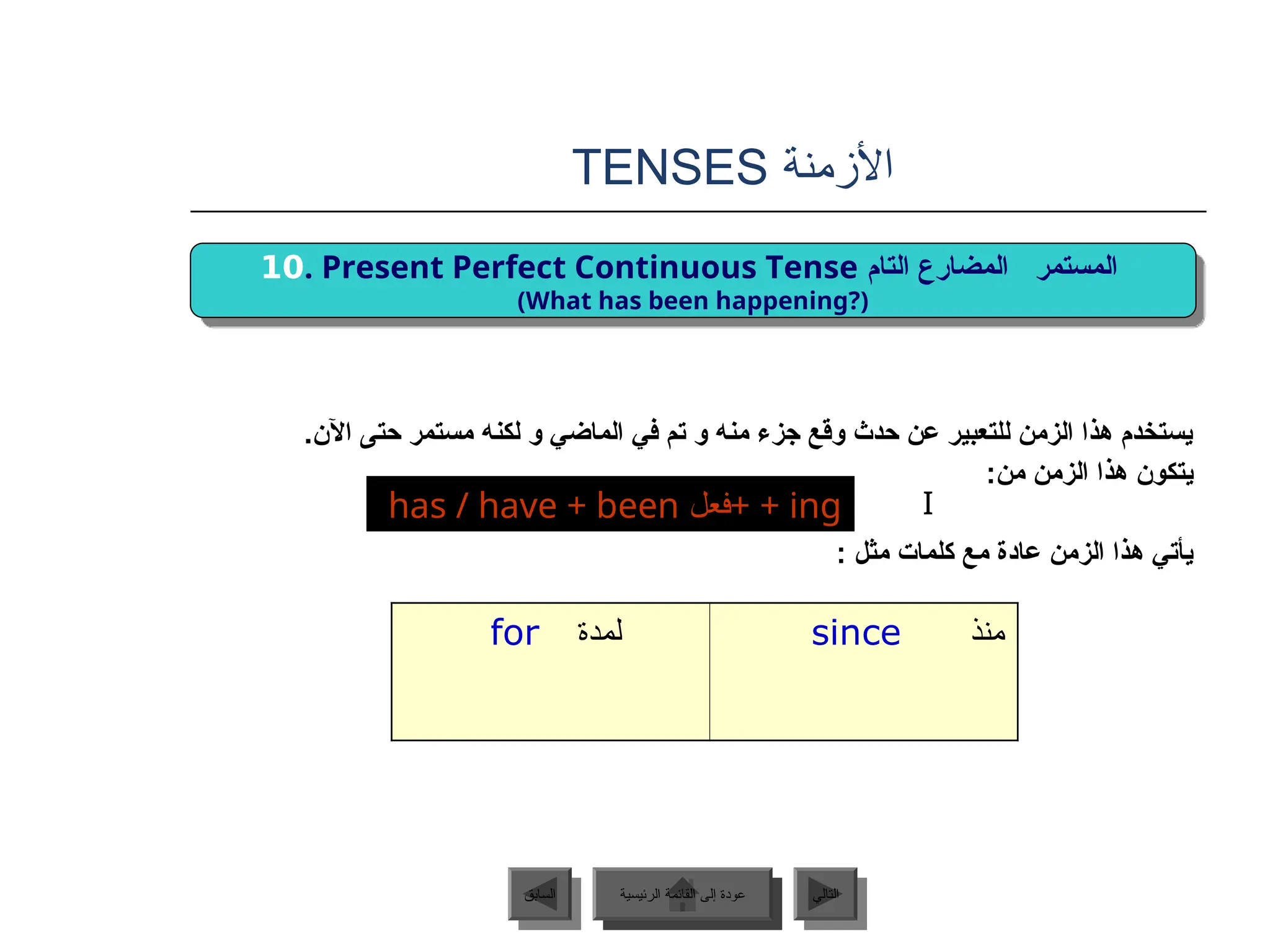 ‫األزمنة‬
TENSES
.‫اآلن‬ ‫حتى‬ ‫مستمر‬ ‫لكنه‬ ‫و‬ ‫الماضي‬ ‫في‬ ‫تم‬ ‫و‬ ‫منه‬ ‫جزء‬ ‫وقع‬ ‫حدث‬ ‫عن‬ ‫للتعبير‬ ‫الزمن‬ ‫هذا‬ ‫يستخدم‬
:‫من‬ ‫الزمن‬ ‫هذا‬ ‫يتكون‬
: ‫مثل‬ ‫كلمات‬ ‫مع‬ ‫عادة‬ ‫الزمن‬ ‫هذا‬ ‫يأتي‬
has / have + been ‫فعل‬+ + ing I
I
‫الرئيسية‬ ‫القائمة‬ ‫إلى‬ ‫عودة‬ ‫التالي‬
‫السابق‬
‫لمدة‬
for ‫منذ‬
since
10. Present Perfect Continuous Tense ‫المستمر‬
‫التام‬ ‫المضارع‬
(What has been happening?)
‫الرئيسية‬ ‫القائمة‬ ‫إلى‬ ‫عودة‬
 