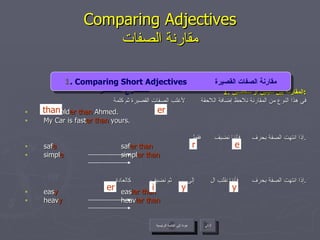 Comparing Adjectives مقارنة الصفات 1.  المقارنة بين شيئين أو شخصين : في هذا النوع من المقارنة نلاحظ إضافة اللاحقة  لأغلب الصفات القصيرة ثم كلمة  Ali is old er   than  Ahmed.  My Car is fast er   than  yours. إذا انتهت الصفة بحرف  فأننا نضيف  فقط . saf e   saf er   than simpl e   simpl er   than   إذا انتهت الصفة بحرف  فأننا نقلب ال  إلى  ثم نضيف  كالعادة . eas y   eas ier   than heav y   heav ier   than   4 . Present Continuous Tense  المضارع المستمر   er عودة إلى القائمة الرئيسية التالي 1 . Comparing Short Adjectives  مقارنة الصفات القصيرة than e r er y y i عودة إلى القائمة الرئيسية 