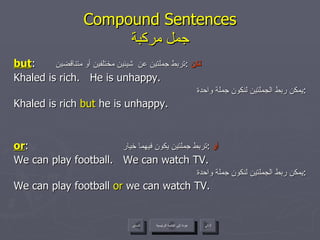 Compound Sentences جمل مركبة but :  لكن   : تربط جملتين عن  شيئين مختلفين أو متناقضين Khaled is rich.  He is unhappy. يمكن ربط الجملتين لنكون جملة واحدة : Khaled is rich  but  he is unhappy. or :  أو   : تربط جملتين يكون فيهما خيار We can play football.  We can watch TV. يمكن ربط الجملتين لنكون جملة واحدة  : We can play football  or  we can watch TV. عودة إلى القائمة الرئيسية عودة إلى القائمة الرئيسية التالي السابق 