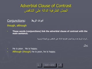 Adverbial Clause of Contrast الجمل الظرفية الدالة على التناقض Conjunctions :  أدوات الربط though, although These words (conjunctions) link the adverbial clause of contrast with the main sentence. أدوات الربط هذه تربط الجمل الظرفية الدالة على التناقض مع الجملة الرئيسية .  مثال : He is poor.  He is happy. Although  ( though ) he is poor, he is happy. عودة إلى القائمة الرئيسية عودة إلى القائمة الرئيسية التالي السابق 