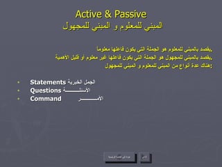 Active & Passive   المبني للمعلوم و المبني للمجهول يقصد بالمبني للمعلوم هو الجملة التي يكون فاعلها معلوماً . يقصد بالمبني للمجهول هو الجملة التي يكون فاعلها غير معلوم أو قليل الأهمية . هناك عدة أنواع من المبني للمعلوم و المبني للمجهول : Statements  الجمل الخبرية  Questions  الأسئلـــــــــــة  Command   الأمـــــــــــــر   عودة إلى القائمة الرئيسية التالي عودة إلى القائمة الرئيسية 