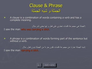 Clause & Phrase الجملة و شبه الجملة A clause is a combination of words containing a verb and has a complete meaning. الجملة هي مجموعة كلمات تحتوي على فعل و لها معنى تام .  مثال :   I saw the man  who was carrying a stick. A phrase is a combination of words forming part of the sentence but without a verb.  شبه الجملة عبارة عن مجموعة كلمات تكون جزءاً من الجملة بدون فعل .  مثال :   I saw the man  carrying a stick. عودة إلى القائمة الرئيسية السابق عودة إلى القائمة الرئيسية 