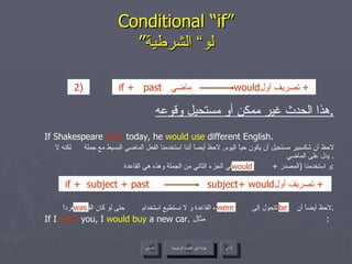 Conditional “if” ” لو“ الشرطية هذا الحدث غير ممكن أو مستحيل وقوعه . If Shakespeare  lived  today, he  would use  different English.  لاحظ أن شكسبير مستحيل أن يكون حياً اليوم .  لاحظ أيضاً أننا استخدمنا الفعل الماضي البسيط مع جملة  لكنه لا يدل على الماضي .  و استخدمنا  ( المصدر  +  )  في الجزء الثاني من الجملة وهذه هي القاعدة : لاحظ أيضاً أن  تتحول إلى  في هذه القاعدة و لا نستطيع استخدام  حتى لو كان الفاعل مفرداً . If I  were  you, I  would buy  a new car.  مثال :  would be were was عودة إلى القائمة الرئيسية عودة إلى القائمة الرئيسية التالي السابق if +   past  ماضي  would تصريف أول  +  2)   if +   subject + past  subject+ would تصريف أول  +  