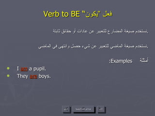 Verb to BE “ فعل ”يكون نستخدم صيغة المضارع للتعبير عن عادات أو حقائق ثابتة . نستخدم صيغة الماضي للتعبير عن شيء حصل وانتهى في الماضي . :Examples   أمثلة I  am  a pupil. They  are  boys. عودة إلى القائمة الرئيسية عودة إلى القائمة الرئيسية التالي السابق عودة إلى القائمة الرئيسية 
