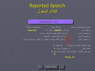 Reported Speech الكلام المنقول *  لتحويل جملة طلبية من مباشر  إلى كلام منقول  نتبع الخطوات التالية : 1-  نستخدم  (  أمر  )  إذا كان الكلام يقصد به الأمر . و نستخدم  (  رجاء  )  إذا كان الكلام يقصد به الرجاء و التوسل . و نستخدم  (  نصح  )  إذا كان الكلام يقصد به النصيحة . و نستخدم  (  أخبر  )  إذا كان الكلام موجه من شخص إلى شخص يساويه في المرتبة .  2-  احذف الأقواس المفتوحة و ضع كلمة  قبل الفعل 3-  احذف كلمتي  من الجملة إن وجدتا . 4-  غير بعض الكلمات و الضمائر حسب المعنى وكما سبق . I I Command   الطلب  Direct Reported ordered begged advised told to Please, do عودة إلى القائمة الرئيسية عودة إلى القائمة الرئيسية التالي السابق 