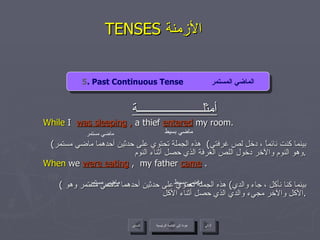 TENSES  الأزمنة  أمثلــــــــــــــــــــــة While  I   was sleeping  ,  a thief   entered   my room. ( بينما كنت نائماً ، دخل لص غرفتي )  هذه الجملة تحتوي على حدثين أحدهما ماضي مستمر وهو النوم والآخر دخول اللص الغرفة الذي حصل أثناء النوم  . When  we  were eating  ,  my father  came   . (  بينما كنا نأكل ، جاء والدي )  هذه الجملة تحتوي على حدثين أحدهما ماضي مستمر وهو الأكل والآخر مجيء والدي الذي حصل أثناء الأكل  . ماضي مستمر ماضي بسيط ماضي مستمر ماضي بسيط 5 . Past Continuous Tense  الماضي المستمر عودة إلى القائمة الرئيسية عودة إلى القائمة الرئيسية التالي السابق 