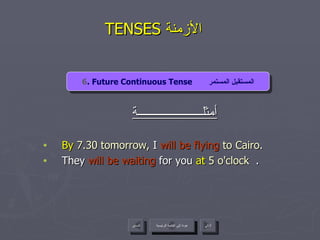 TENSES  الأزمنة  أمثلــــــــــــــــــــــة By  7.30 tomorrow,  I  will be flying  to Cairo . They  will be waiting  for you  at  5 o'clock  . 6 . Future Continuous Tense  المستقبل المستمر عودة إلى القائمة الرئيسية عودة إلى القائمة الرئيسية التالي السابق 