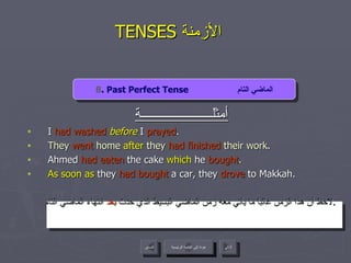 TENSES  الأزمنة  أمثلــــــــــــــــــــــة I  had washed   before  I  prayed .  They  went  home  after  they  had finished  their work . Ahmed  had eaten  the cake  which  he  bought . As soon as  they  had bought  a car, they  drove  to Makkah. لاحظ أن هذا الزمن غالباً ما يأتي معه زمن الماضي البسيط الذي حدث  بعد  انتهاء الماضي التام . 8 . Past Perfect Tense  الماضي التام عودة إلى القائمة الرئيسية عودة إلى القائمة الرئيسية التالي السابق 