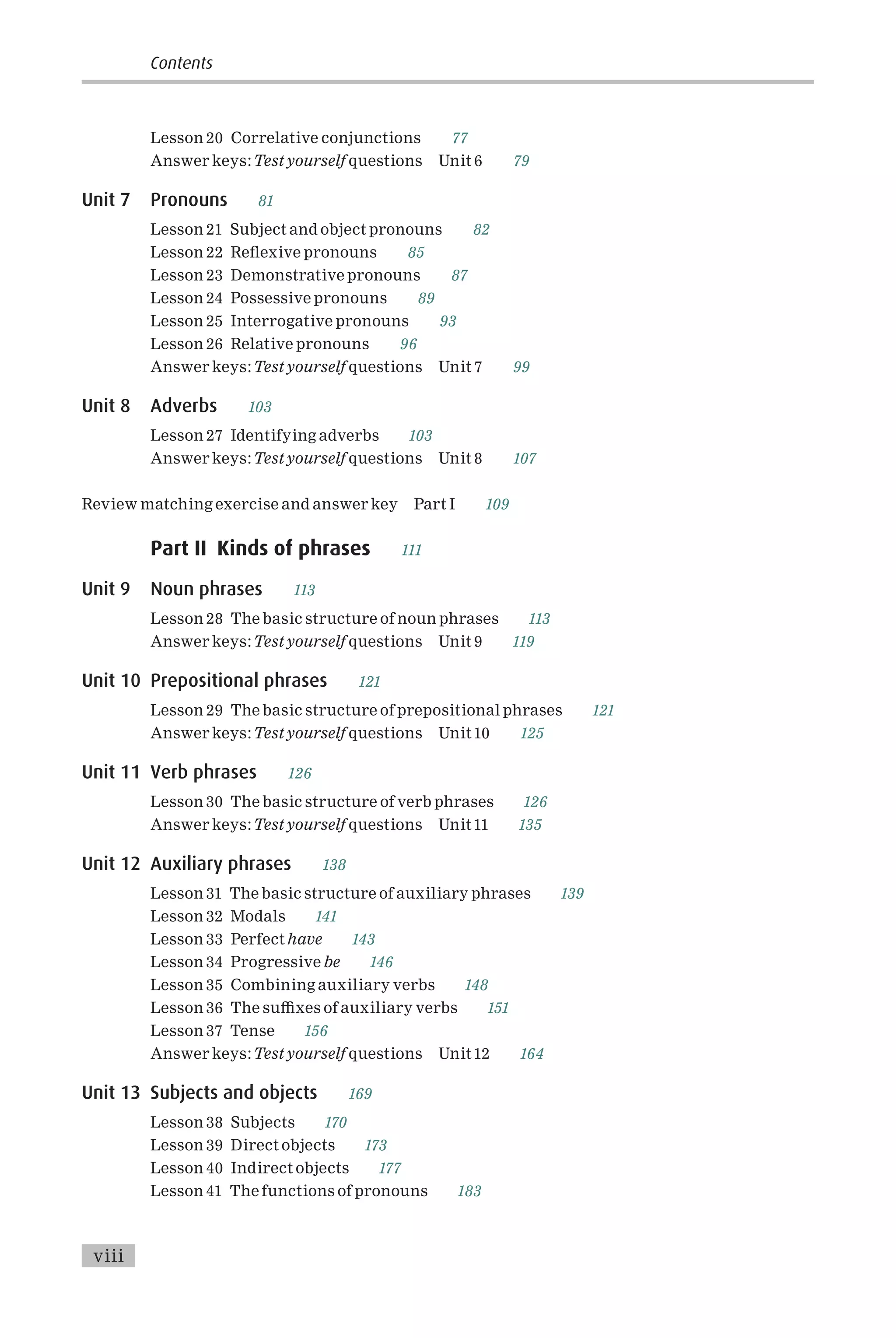 Lesson 20 Correlative conjunctions 77
Answer keys:Test yourself questions Unit 6 79
Unit 7 Pronouns 81
Lesson 21 Subject and object pronouns 82
Lesson 22 Re£exive pronouns 85
Lesson 23 Demonstrative pronouns 87
Lesson 24 Possessive pronouns 89
Lesson 25 Interrogative pronouns 93
Lesson 26 Relative pronouns 96
Answer keys:Test yourself questions Unit 7 99
Unit 8 Adverbs 103
Lesson 27 Identifying adverbs 103
Answer keys:Test yourself questions Unit 8 107
Review matching exercise and answer key Part I 109
Part II Kinds of phrases 111
Unit 9 Noun phrases 113
Lesson 28 The basic structure of noun phrases 113
Answer keys:Test yourself questions Unit 9 119
Unit 10 Prepositional phrases 121
Lesson 29 The basic structure of prepositional phrases 121
Answer keys:Test yourself questions Unit10 125
Unit 11 Verb phrases 126
Lesson 30 The basic structure of verb phrases 126
Answer keys:Test yourself questions Unit11 135
Unit 12 Auxiliary phrases 138
Lesson 31 The basic structure of auxiliary phrases 139
Lesson 32 Modals 141
Lesson 33 Perfect have 143
Lesson 34 Progressive be 146
Lesson 35 Combining auxiliary verbs 148
Lesson 36 The su⁄xes of auxiliary verbs 151
Lesson 37 Tense 156
Answer keys:Test yourself questions Unit12 164
Unit 13 Subjects and objects 169
Lesson 38 Subjects 170
Lesson 39 Direct objects 173
Lesson 40 Indirect objects 177
Lesson 41 The functions of pronouns 183
Contents
viii
 