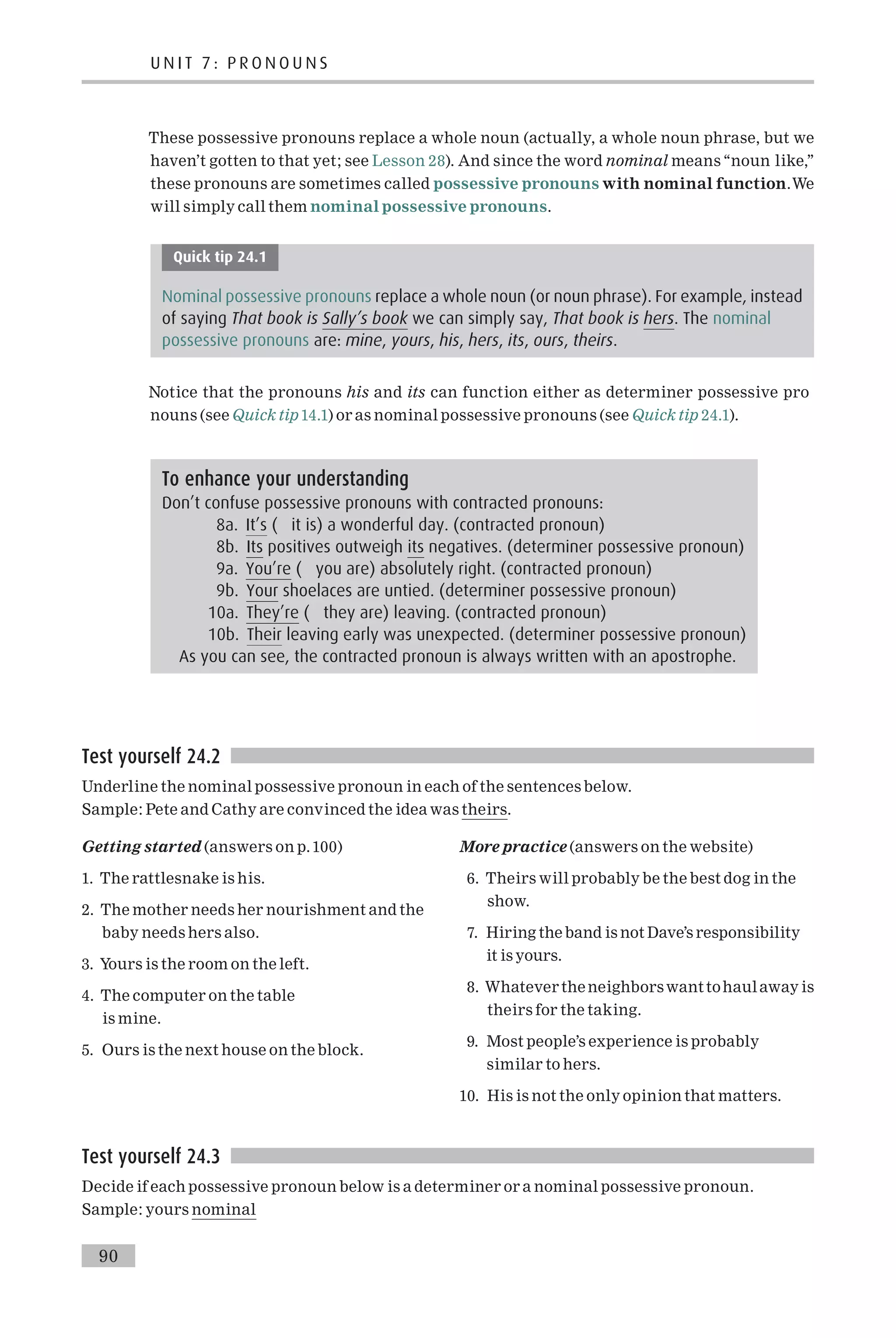 These possessive pronouns replace a whole noun (actually, a whole noun phrase, but we
haven’t gotten to that yet; see Lesson 28). And since the word nominal means ‘‘noun like,’’
these pronouns are sometimes called possessive pronouns with nominal function.We
will simply call them nominal possessive pronouns.
Quick tip 24.1
Nominal possessive pronouns replace a whole noun (or noun phrase). For example, instead
of saying That book is Sally’s book we can simply say, That book is hers. The nominal
possessive pronouns are: mine, yours, his, hers, its, ours, theirs.
Notice that the pronouns his and its can function either as determiner possessive pro
nouns (see Quick tip 14.1) or as nominal possessive pronouns (see Quick tip 24.1).
Test yourself 24.2
Underline the nominal possessive pronoun in each of the sentences below.
Sample: Pete and Cathy are convinced the idea was theirs.
Getting started (answers on p.100)
1. The rattlesnake is his.
2. The mother needs her nourishment and the
baby needs hers also.
3. Yours is the room on the left.
4. The computer on the table
is mine.
5. Ours is the next house on the block.
More practice (answers on the website)
6. Theirs will probably be the best dog in the
show.
7. Hiring the band is not Dave’s responsibility
it is yours.
8. Whatever theneighborswanttohaulaway is
theirs for the taking.
9. Most people’s experience is probably
similar to hers.
10. His is not the only opinion that matters.
Test yourself 24.3
Decide if each possessive pronoun below is a determiner or a nominal possessive pronoun.
Sample: yours nominal
To enhance your understanding
Don’t confuse possessive pronouns with contracted pronouns:
8a. It’s ( it is) a wonderful day. (contracted pronoun)
8b. Its positives outweigh its negatives. (determiner possessive pronoun)
9a. You’re ( you are) absolutely right. (contracted pronoun)
9b. Your shoelaces are untied. (determiner possessive pronoun)
10a. They’re ( they are) leaving. (contracted pronoun)
10b. Their leaving early was unexpected. (determiner possessive pronoun)
As you can see, the contracted pronoun is always written with an apostrophe.
U N I T 7 : P R O N O U N S
90
 