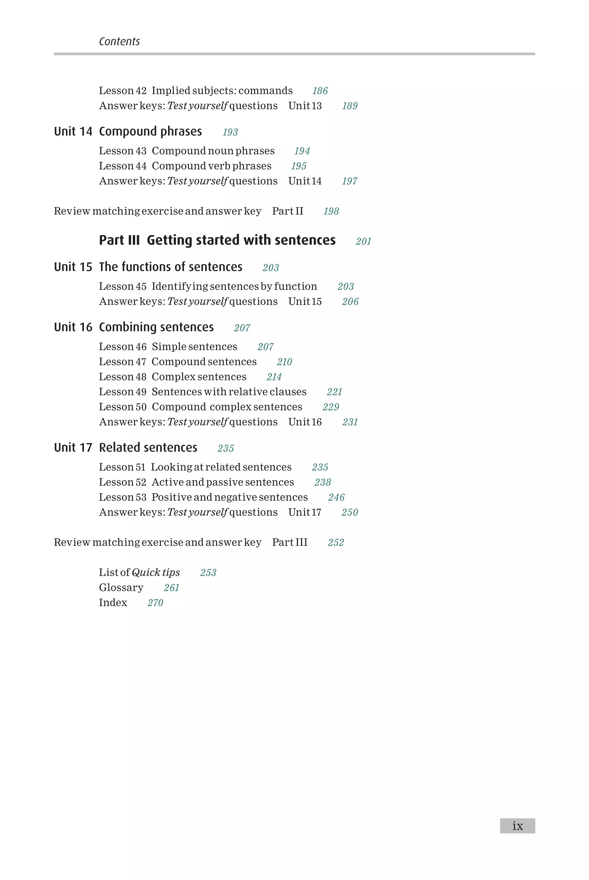 Lesson 42 Implied subjects: commands 186
Answer keys:Test yourself questions Unit13 189
Unit 14 Compound phrases 193
Lesson 43 Compound noun phrases 194
Lesson 44 Compound verb phrases 195
Answer keys:Test yourself questions Unit14 197
Review matching exercise and answer key Part II 198
Part III Getting started with sentences 201
Unit 15 The functions of sentences 203
Lesson 45 Identifying sentences by function 203
Answer keys:Test yourself questions Unit15 206
Unit 16 Combining sentences 207
Lesson 46 Simple sentences 207
Lesson 47 Compound sentences 210
Lesson 48 Complex sentences 214
Lesson 49 Sentences with relative clauses 221
Lesson 50 Compound complex sentences 229
Answer keys:Test yourself questions Unit16 231
Unit 17 Related sentences 235
Lesson 51 Looking at related sentences 235
Lesson 52 Active and passive sentences 238
Lesson 53 Positive and negative sentences 246
Answer keys:Test yourself questions Unit17 250
Review matching exercise and answer key Part III 252
List of Quick tips 253
Glossary 261
Index 270
Contents
ix
 