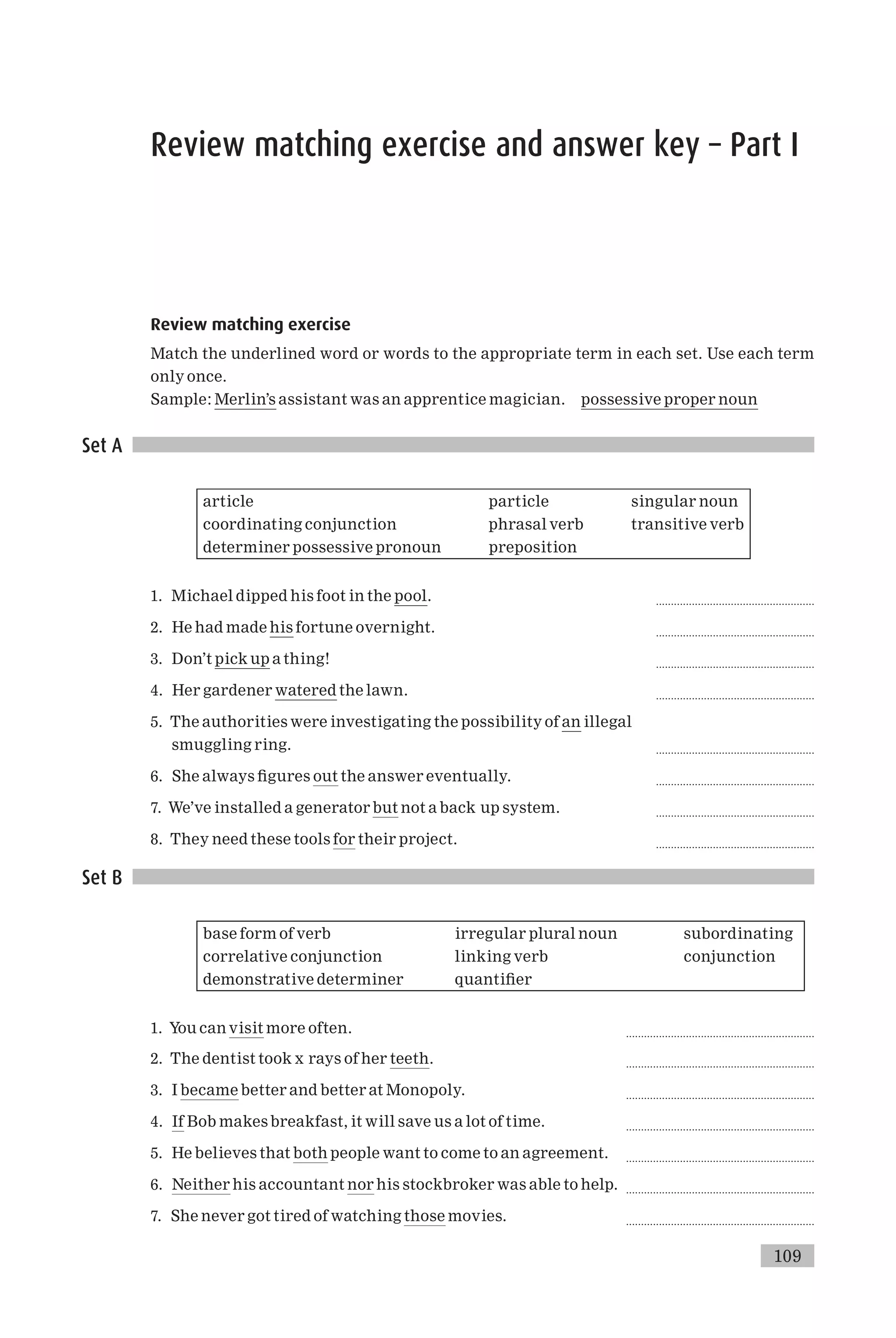 Review matching exercise and answer key – Part I
Review matching exercise
Match the underlined word or words to the appropriate term in each set. Use each term
only once.
Sample: Merlin’s assistant was an apprentice magician. possessive proper noun
Set A
article particle singular noun
coordinating conjunction phrasal verb transitive verb
determiner possessive pronoun preposition
1. Michael dipped his foot in the pool. .....................................................
2. He had made his fortune overnight. .....................................................
3. Don’t pick up a thing! .....................................................
4. Her gardener watered the lawn. .....................................................
5. The authorities were investigating the possibility of an illegal
smuggling ring. .....................................................
6. She always ¢gures out the answer eventually. .....................................................
7. We’ve installed a generator but not a back up system. .....................................................
8. They need these tools for their project. .....................................................
Set B
base form of verb irregular plural noun subordinating
correlative conjunction linking verb conjunction
demonstrative determiner quanti¢er
1. You can visit more often. ...............................................................
2. The dentist took x rays of her teeth. ...............................................................
3. I became better and better at Monopoly. ...............................................................
4. If Bob makes breakfast, it will save us a lot of time. ...............................................................
5. He believes that both people want to come to an agreement. ...............................................................
6. Neither his accountant nor his stockbroker was able to help. ...............................................................
7. She never got tired of watching those movies. ...............................................................
109
 