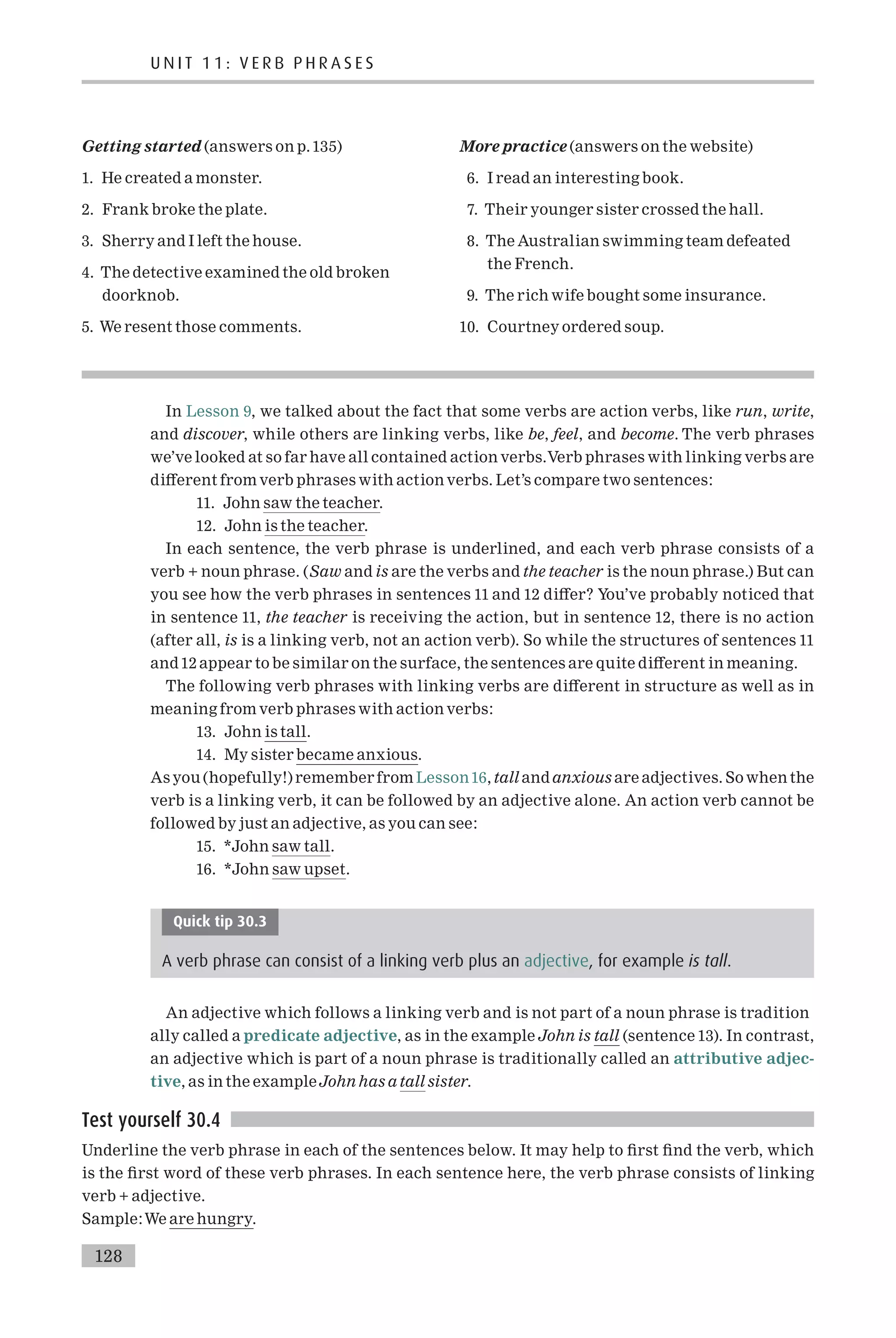Getting started (answers on p.135)
1. He created a monster.
2. Frank broke the plate.
3. Sherry and I left the house.
4. The detective examined the old broken
doorknob.
5. We resent those comments.
More practice (answers on the website)
6. I read an interesting book.
7. Their younger sister crossed the hall.
8. The Australian swimming team defeated
the French.
9. The rich wife bought some insurance.
10. Courtney ordered soup.
In Lesson 9, we talked about the fact that some verbs are action verbs, like run, write,
and discover, while others are linking verbs, like be, feel, and become. The verb phrases
we’ve looked at so far have all contained action verbs.Verb phrases with linking verbs are
di¡erent from verb phrases with action verbs. Let’s compare two sentences:
11. John saw the teacher.
12. John is the teacher.
In each sentence, the verb phrase is underlined, and each verb phrase consists of a
verb + noun phrase. (Saw and is are the verbs and the teacher is the noun phrase.) But can
you see how the verb phrases in sentences 11 and 12 di¡er? You’ve probably noticed that
in sentence 11, the teacher is receiving the action, but in sentence 12, there is no action
(after all, is is a linking verb, not an action verb). So while the structures of sentences 11
and12 appear to be similar on the surface, the sentences are quite di¡erent in meaning.
The following verb phrases with linking verbs are di¡erent in structure as well as in
meaning from verb phrases with action verbs:
13. John is tall.
14. My sister became anxious.
As you (hopefully!) remember from Lesson16, tall and anxious are adjectives. So when the
verb is a linking verb, it can be followed by an adjective alone. An action verb cannot be
followed by just an adjective, as you can see:
15. *John saw tall.
16. *John saw upset.
Quick tip 30.3
A verb phrase can consist of a linking verb plus an adjective, for example is tall.
An adjective which follows a linking verb and is not part of a noun phrase is tradition
ally called a predicate adjective, as in the example John is tall (sentence 13). In contrast,
an adjective which is part of a noun phrase is traditionally called an attributive adjec-
tive, as in the exampleJohn has a tall sister.
Test yourself 30.4
Underline the verb phrase in each of the sentences below. It may help to ¢rst ¢nd the verb, which
is the ¢rst word of these verb phrases. In each sentence here, the verb phrase consists of linking
verb + adjective.
Sample:We are hungry.
U N I T 1 1 : V E R B P H R A S E S
128
 