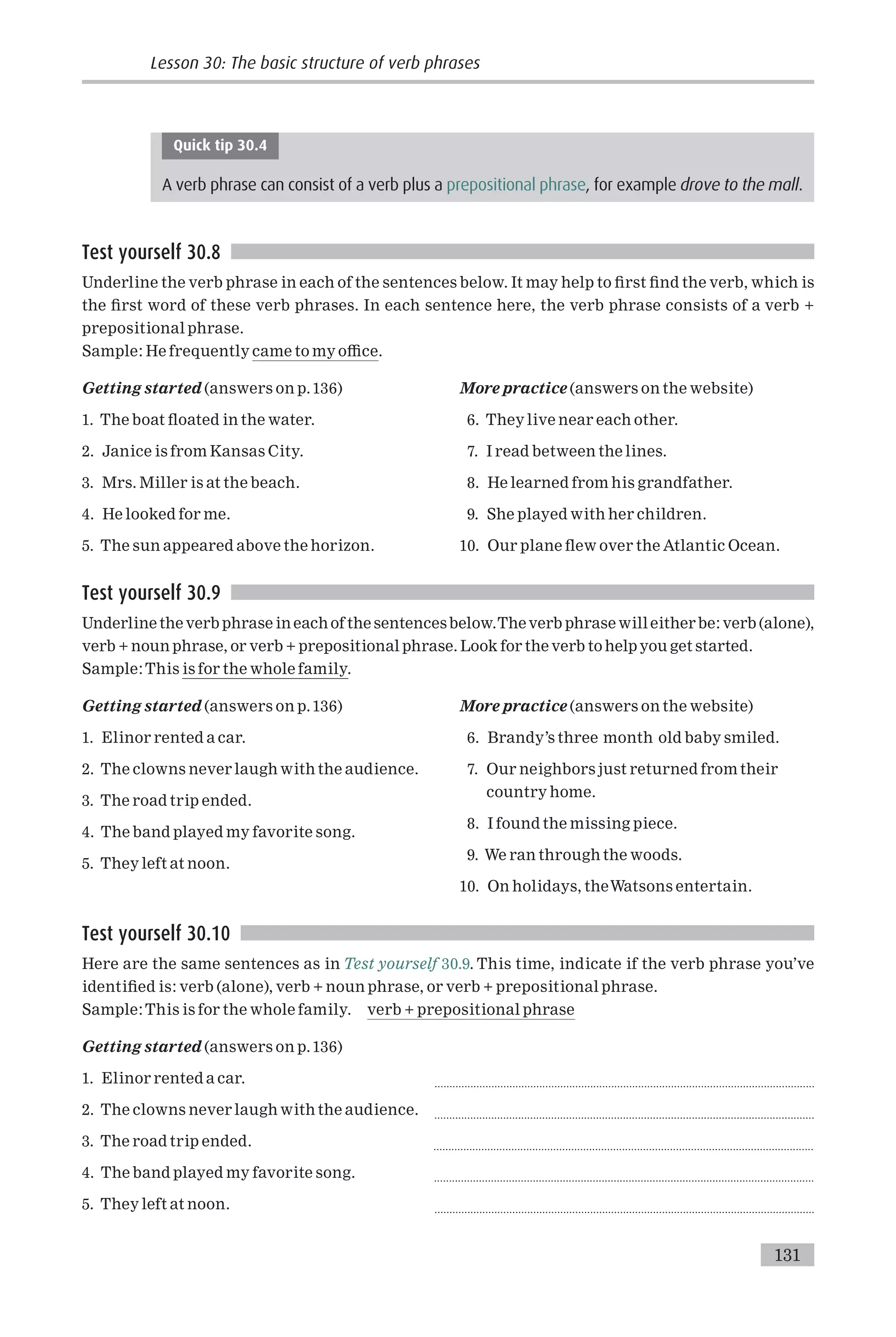 Quick tip 30.4
A verb phrase can consist of a verb plus a prepositional phrase, for example drove to the mall.
Test yourself 30.8
Underline the verb phrase in each of the sentences below. It may help to ¢rst ¢nd the verb, which is
the ¢rst word of these verb phrases. In each sentence here, the verb phrase consists of a verb +
prepositional phrase.
Sample: He frequently came to my o⁄ce.
Getting started (answers on p.136)
1. The boat £oated in the water.
2. Janice is from Kansas City.
3. Mrs. Miller is at the beach.
4. He looked for me.
5. The sun appeared above the horizon.
More practice (answers on the website)
6. They live near each other.
7. I read between the lines.
8. He learned from his grandfather.
9. She played with her children.
10. Our plane £ew over the Atlantic Ocean.
Test yourself 30.9
Underline the verb phrase in each of the sentencesbelow.Theverb phrase will either be: verb (alone),
verb + noun phrase, or verb + prepositional phrase. Look for the verb to help you get started.
Sample:This is for the whole family.
Getting started (answers on p.136)
1. Elinor rented a car.
2. The clowns never laugh with the audience.
3. The road trip ended.
4. The band played my favorite song.
5. They left at noon.
More practice (answers on the website)
6. Brandy’s three month old baby smiled.
7. Our neighbors just returned from their
country home.
8. I found the missing piece.
9. We ran through the woods.
10. On holidays, theWatsons entertain.
Test yourself 30.10
Here are the same sentences as in Test yourself 30.9. This time, indicate if the verb phrase you’ve
identi¢ed is: verb (alone), verb + noun phrase, or verb + prepositional phrase.
Sample:This is for the whole family. verb + prepositional phrase
Getting started (answers on p.136)
1. Elinor rented a car. ...............................................................................................................................
2. The clowns never laugh with the audience. ...............................................................................................................................
3. The road trip ended. ...............................................................................................................................
4. The band played my favorite song. ...............................................................................................................................
5. They left at noon. ...............................................................................................................................
Lesson 30: The basic structure of verb phrases
131
 