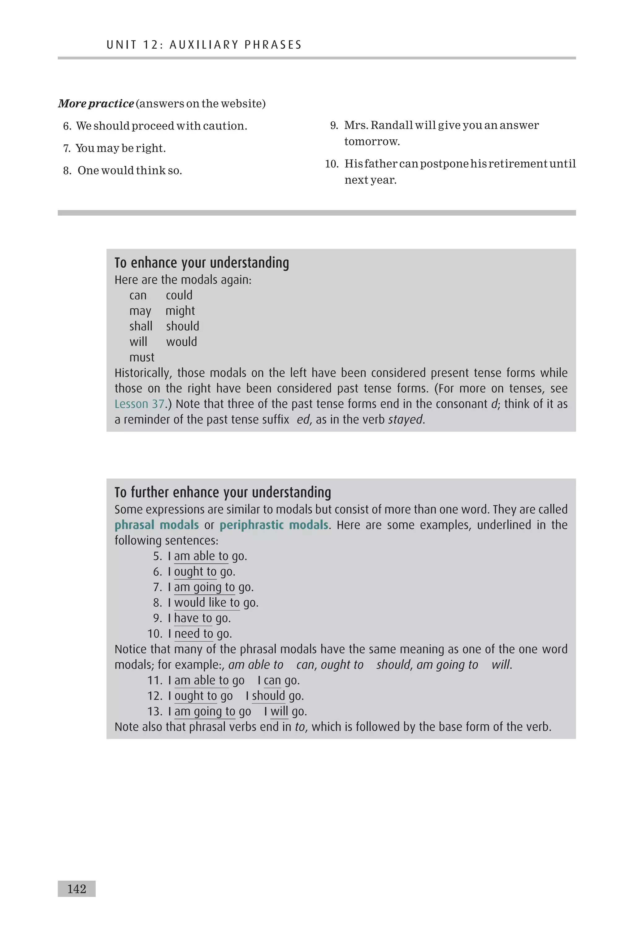 More practice (answers on the website)
6. We should proceed with caution.
7. You may be right.
8. One would think so.
9. Mrs. Randall will give you an answer
tomorrow.
10. His father can postponehis retirement until
next year.
To enhance your understanding
Here are the modals again:
can could
may might
shall should
will would
must
Historically, those modals on the left have been considered present tense forms while
those on the right have been considered past tense forms. (For more on tenses, see
Lesson 37.) Note that three of the past tense forms end in the consonant d; think of it as
a reminder of the past tense suffix ed, as in the verb stayed.
To further enhance your understanding
Some expressions are similar to modals but consist of more than one word. They are called
phrasal modals or periphrastic modals. Here are some examples, underlined in the
following sentences:
5. I am able to go.
6. I ought to go.
7. I am going to go.
8. I would like to go.
9. I have to go.
10. I need to go.
Notice that many of the phrasal modals have the same meaning as one of the one word
modals; for example:, am able to can, ought to should, am going to will.
11. I am able to go I can go.
12. I ought to go I should go.
13. I am going to go I will go.
Note also that phrasal verbs end in to, which is followed by the base form of the verb.
142
U N I T 1 2 : A U X I L I A R Y P H R A S E S
 