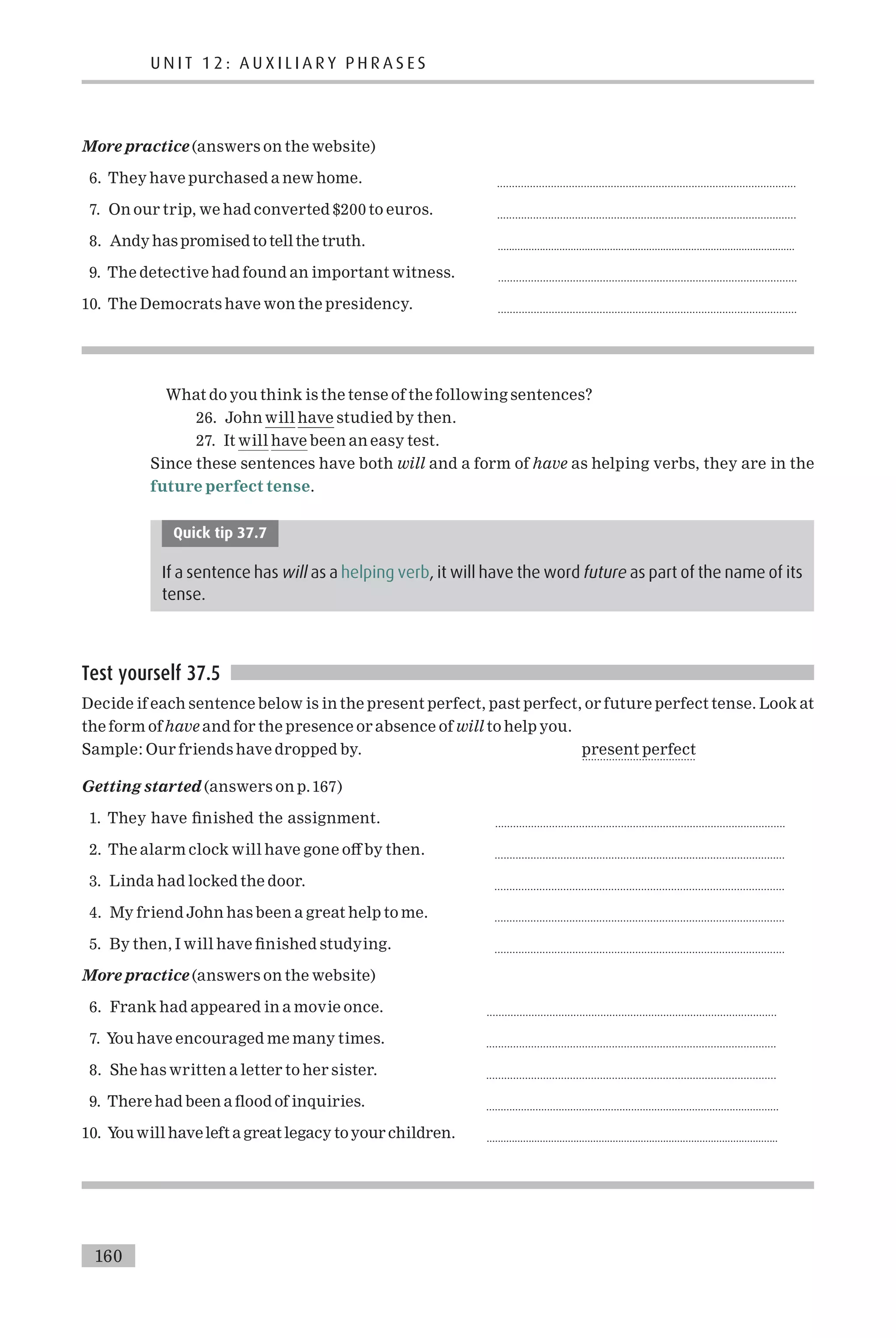 More practice (answers on the website)
6. They have purchased a new home. ....................................................................................................
7. On our trip, we had converted $200 to euros. ....................................................................................................
8. Andy has promised to tell the truth. ..........................................................................................................
9. The detective had found an important witness. ....................................................................................................
10. The Democrats have won the presidency. ....................................................................................................
What do you think is the tense of the following sentences?
26. John will have studied by then.
27. It will have been an easy test.
Since these sentences have both will and a form of have as helping verbs, they are in the
future perfect tense.
Quick tip 37.7
If a sentence has will as a helping verb, it will have the word future as part of the name of its
tense.
Test yourself 37.5
Decide if each sentence below is in the present perfect, past perfect, or future perfect tense. Look at
the form of have and for the presence or absence of will to help you.
Sample: Our friends have dropped by. present perfect
......................................
Getting started (answers on p.167)
1. They have ¢nished the assignment. .................................................................................................
2. The alarm clock will have gone o¡ by then. .................................................................................................
3. Linda had locked the door. .................................................................................................
4. My friend John has been a great help to me. .................................................................................................
5. By then, I will have ¢nished studying. .................................................................................................
More practice (answers on the website)
6. Frank had appeared in a movie once. .................................................................................................
7. You have encouraged me many times. .................................................................................................
8. She has written a letter to her sister. .................................................................................................
9. There had been a £ood of inquiries. .....................................................................................................
10. Youwill haveleft a great legacy toyour children. ........................................................................................................
160
U N I T 1 2 : A U X I L I A R Y P H R A S E S
 