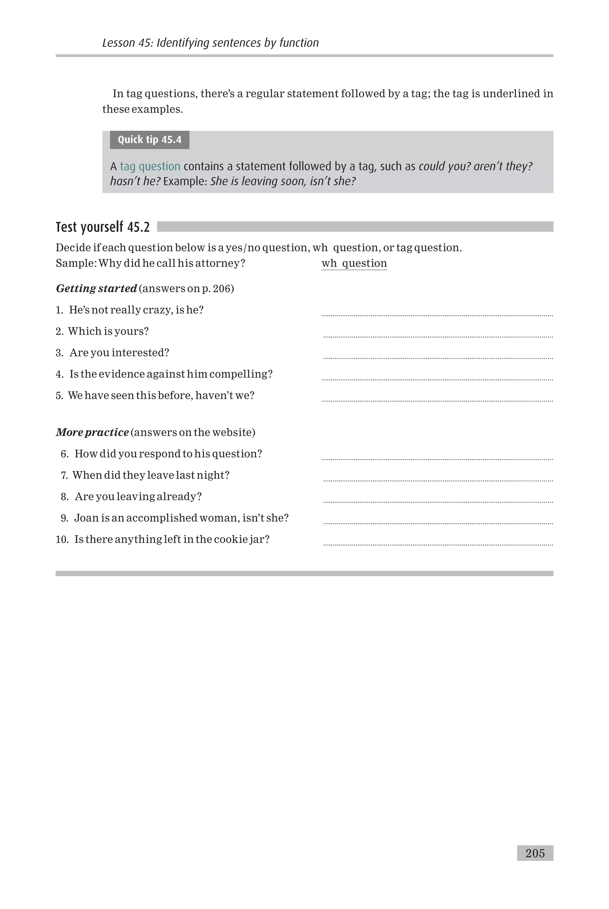 In tag questions, there’s a regular statement followed by a tag; the tag is underlined in
these examples.
Quick tip 45.4
A tag question contains a statement followed by a tag, such as could you? aren’t they?
hasn’t he? Example: She is leaving soon, isn’t she?
Test yourself 45.2
Decide if each question below is a yes/no question, wh question, or tag question.
Sample:Why did he call his attorney? wh question
Getting started (answers on p. 206)
1. He’s not really crazy, is he? .........................................................................................................................
2. Which is yours? ........................................................................................................................
3. Are you interested? ........................................................................................................................
4. Is the evidence against him compelling? .........................................................................................................................
5. We have seen this before, haven’t we? .........................................................................................................................
More practice (answers on the website)
6. How did you respond to his question? .........................................................................................................................
7. When did they leave last night? ........................................................................................................................
8. Are you leaving already? ........................................................................................................................
9. Joan is an accomplished woman, isn’t she? ........................................................................................................................
10. Is there anything left in the cookie jar? ........................................................................................................................
Lesson 45: Identifying sentences by function
205
 