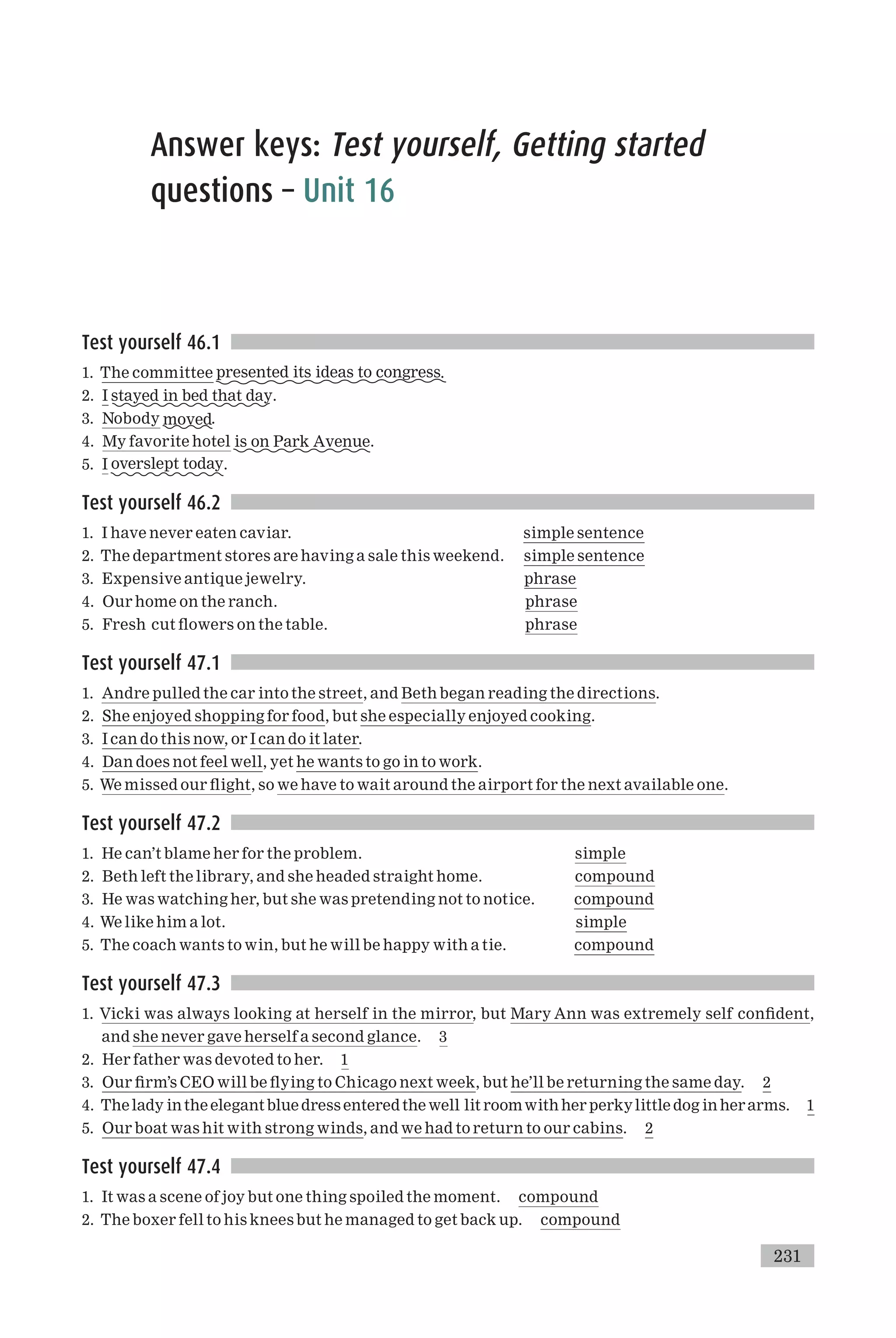 Answer keys: Test yourself, Getting started
questions – Unit 16
Test yourself 46.1
1. The committee presented its ideas to congress.
2. I stayed in bed that day.
3. Nobody moved.
4. My favorite hotel is on Park Avenue.
5. I overslept today.
Test yourself 46.2
1. I have never eaten caviar. simple sentence
2. The department stores are having a sale this weekend. simple sentence
3. Expensive antique jewelry. phrase
4. Our home on the ranch. phrase
5. Fresh cut £owers on the table. phrase
Test yourself 47.1
1. Andre pulled the car into the street, and Beth began reading the directions.
2. She enjoyed shopping for food, but she especially enjoyed cooking.
3. I can do this now, or I can do it later.
4. Dan does not feel well, yet he wants to go in to work.
5. We missed our £ight, so we have to wait around the airport for the next available one.
Test yourself 47.2
1. He can’t blame her for the problem. simple
2. Beth left the library, and she headed straight home. compound
3. He was watching her, but she was pretending not to notice. compound
4. We like him a lot. simple
5. The coach wants to win, but he will be happy with a tie. compound
Test yourself 47.3
1. Vicki was always looking at herself in the mirror, but Mary Ann was extremely self con¢dent,
and she never gave herself a second glance. 3
2. Her father was devoted to her. 1
3. Our ¢rm’s CEO will be £ying to Chicago next week, but he’ll be returning the same day. 2
4. Thelady inthe elegant blue dress enteredthe well lit roomwith her perkylittle dog in herarms. 1
5. Our boat was hit with strong winds, and we had to return to our cabins. 2
Test yourself 47.4
1. It was a scene of joy but one thing spoiled the moment. compound
2. The boxer fell to his knees but he managed to get back up. compound
231
 