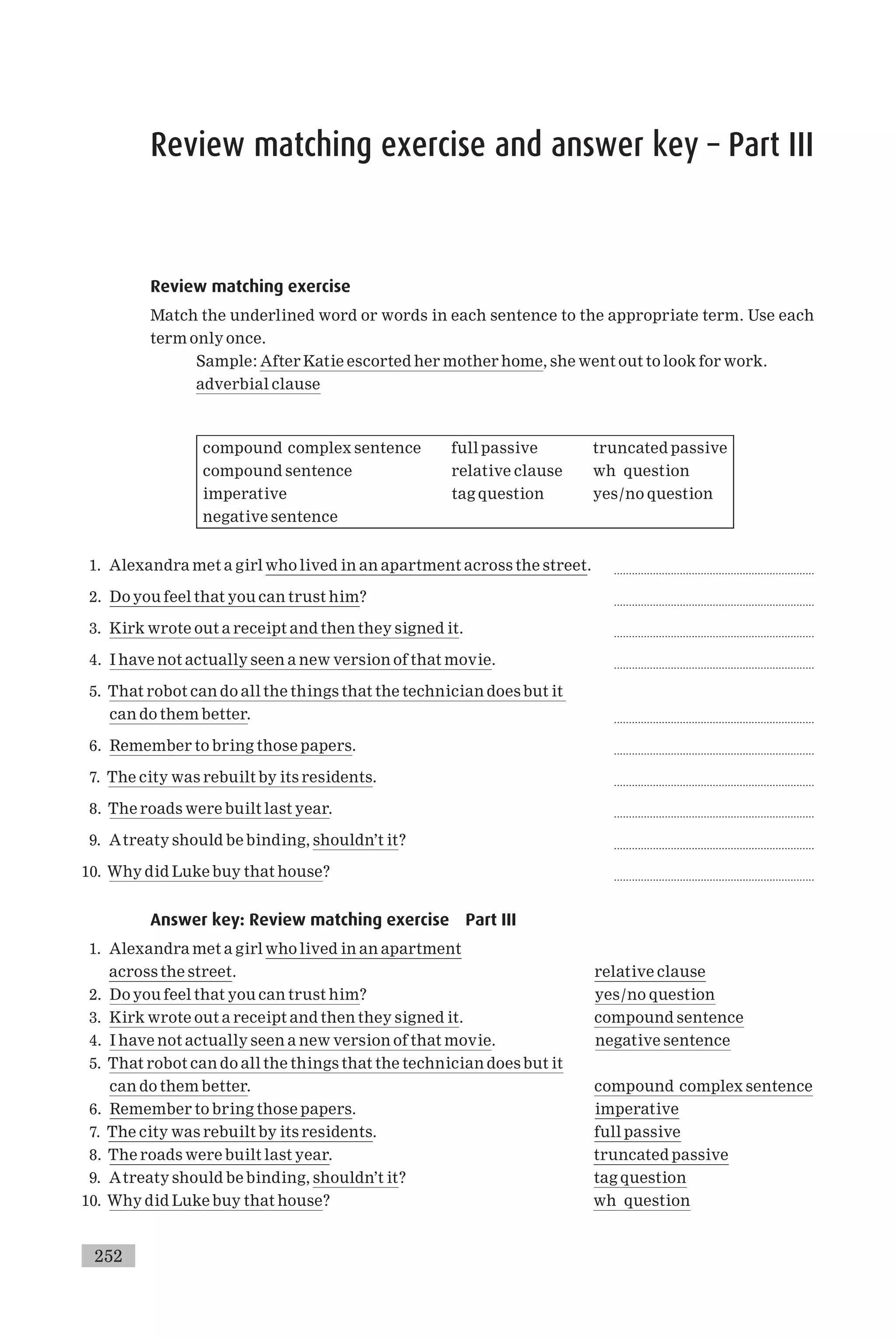 Review matching exercise and answer key – Part III
Review matching exercise
Match the underlined word or words in each sentence to the appropriate term. Use each
term only once.
Sample: After Katie escorted her mother home, she went out to look for work.
adverbial clause
compound complex sentence full passive truncated passive
compound sentence relative clause wh question
imperative tag question yes/no question
negative sentence
1. Alexandra met a girl who lived in an apartment across the street. ...................................................................
2. Do you feel that you can trust him? ...................................................................
3. Kirk wrote out a receipt and then they signed it. ...................................................................
4. I have not actually seen a new version of that movie. ...................................................................
5. That robot can do all the things that the technician does but it
can do them better. ...................................................................
6. Remember to bring those papers. ...................................................................
7. The city was rebuilt by its residents. ...................................................................
8. The roads were built last year. ...................................................................
9. Atreaty should be binding, shouldn’t it? ...................................................................
10. Why did Luke buy that house? ...................................................................
Answer key: Review matching exercise Part III
1. Alexandra met a girl who lived in an apartment
across the street. relative clause
2. Do you feel that you can trust him? yes/no question
3. Kirk wrote out a receipt and then they signed it. compound sentence
4. I have not actually seen a new version of that movie. negative sentence
5. That robot can do all the things that the technician does but it
can do them better. compound complex sentence
6. Remember to bring those papers. imperative
7. The city was rebuilt by its residents. full passive
8. The roads were built last year. truncated passive
9. Atreaty should be binding, shouldn’t it? tag question
10. Why did Luke buy that house? wh question
252
 