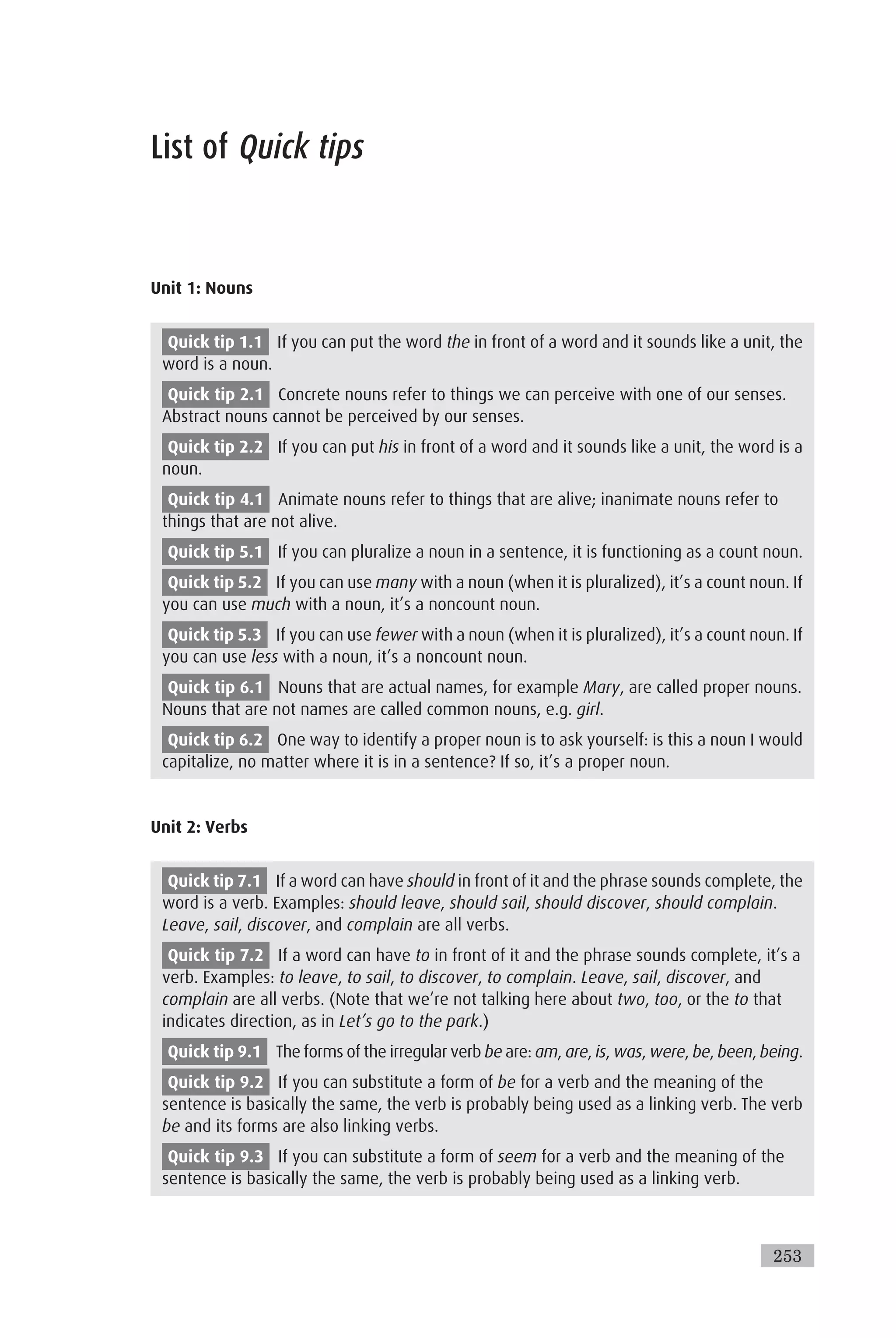 List of Quick tips
Unit 1: Nouns
Quick tip 1.1 If you can put the word the in front of a word and it sounds like a unit, the
word is a noun.
Quick tip 2.1 Concrete nouns refer to things we can perceive with one of our senses.
Abstract nouns cannot be perceived by our senses.
Quick tip 2.2 If you can put his in front of a word and it sounds like a unit, the word is a
noun.
Quick tip 4.1 Animate nouns refer to things that are alive; inanimate nouns refer to
things that are not alive.
Quick tip 5.1 If you can pluralize a noun in a sentence, it is functioning as a count noun.
Quick tip 5.2 If you can use many with a noun (when it is pluralized), it’s a count noun. If
you can use much with a noun, it’s a noncount noun.
Quick tip 5.3 If you can use fewer with a noun (when it is pluralized), it’s a count noun. If
you can use less with a noun, it’s a noncount noun.
Quick tip 6.1 Nouns that are actual names, for example Mary, are called proper nouns.
Nouns that are not names are called common nouns, e.g. girl.
Quick tip 6.2 One way to identify a proper noun is to ask yourself: is this a noun I would
capitalize, no matter where it is in a sentence? If so, it’s a proper noun.
Unit 2: Verbs
Quick tip 7.1 If a word can have should in front of it and the phrase sounds complete, the
word is a verb. Examples: should leave, should sail, should discover, should complain.
Leave, sail, discover, and complain are all verbs.
Quick tip 7.2 If a word can have to in front of it and the phrase sounds complete, it’s a
verb. Examples: to leave, to sail, to discover, to complain. Leave, sail, discover, and
complain are all verbs. (Note that we’re not talking here about two, too, or the to that
indicates direction, as in Let’s go to the park.)
Quick tip 9.1 The forms of the irregular verb be are: am, are, is, was, were, be, been, being.
Quick tip 9.2 If you can substitute a form of be for a verb and the meaning of the
sentence is basically the same, the verb is probably being used as a linking verb. The verb
be and its forms are also linking verbs.
Quick tip 9.3 If you can substitute a form of seem for a verb and the meaning of the
sentence is basically the same, the verb is probably being used as a linking verb.
253
 