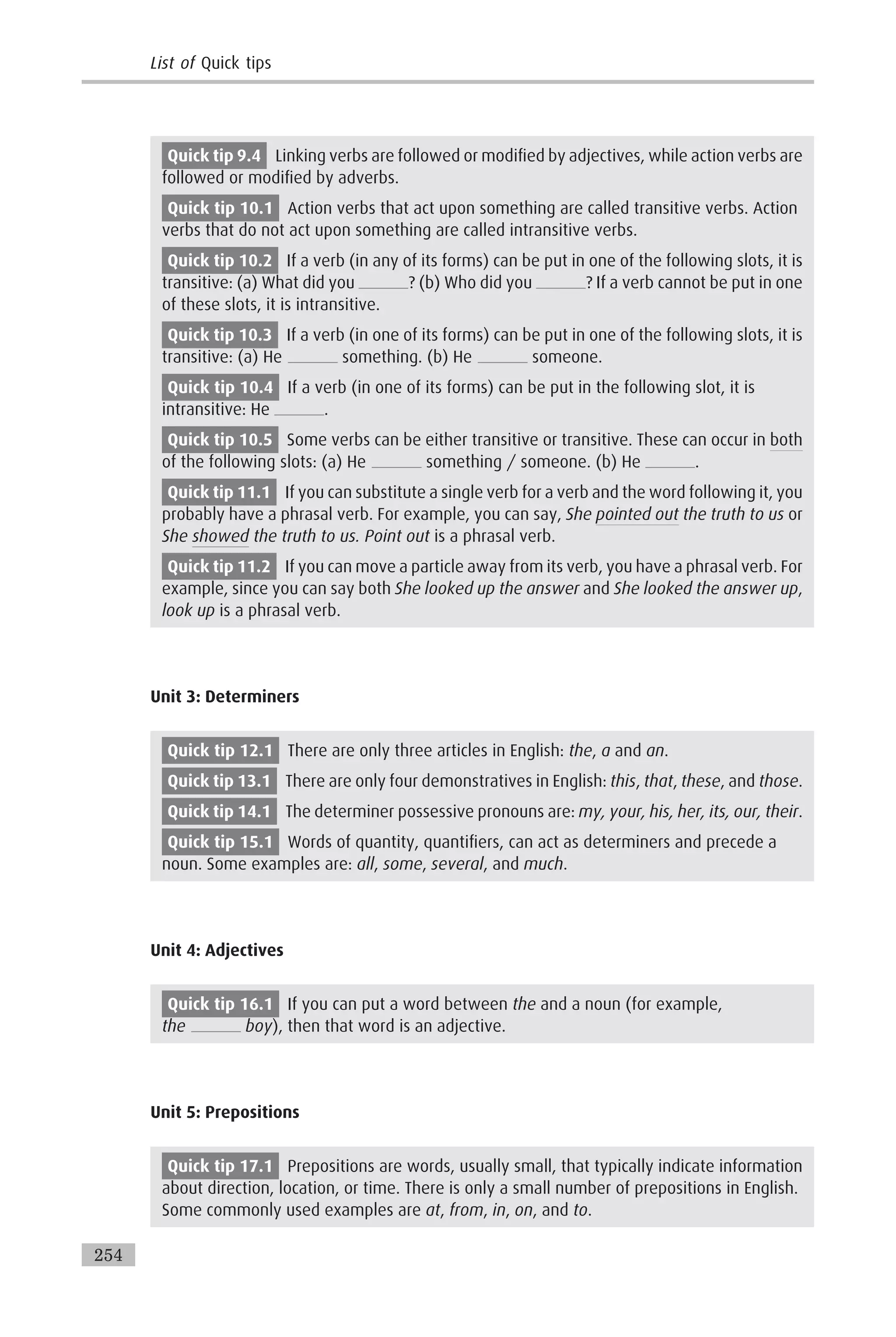 Quick tip 9.4 Linking verbs are followed or modified by adjectives, while action verbs are
followed or modified by adverbs.
Quick tip 10.1 Action verbs that act upon something are called transitive verbs. Action
verbs that do not act upon something are called intransitive verbs.
Quick tip 10.2 If a verb (in any of its forms) can be put in one of the following slots, it is
transitive: (a) What did you ? (b) Who did you ? If a verb cannot be put in one
of these slots, it is intransitive.
Quick tip 10.3 If a verb (in one of its forms) can be put in one of the following slots, it is
transitive: (a) He something. (b) He someone.
Quick tip 10.4 If a verb (in one of its forms) can be put in the following slot, it is
intransitive: He .
Quick tip 10.5 Some verbs can be either transitive or transitive. These can occur in both
of the following slots: (a) He something / someone. (b) He .
Quick tip 11.1 If you can substitute a single verb for a verb and the word following it, you
probably have a phrasal verb. For example, you can say, She pointed out the truth to us or
She showed the truth to us. Point out is a phrasal verb.
Quick tip 11.2 If you can move a particle away from its verb, you have a phrasal verb. For
example, since you can say both She looked up the answer and She looked the answer up,
look up is a phrasal verb.
Unit 3: Determiners
Quick tip 12.1 There are only three articles in English: the, a and an.
Quick tip 13.1 There are only four demonstratives in English: this, that, these, and those.
Quick tip 14.1 The determiner possessive pronouns are: my, your, his, her, its, our, their.
Quick tip 15.1 Words of quantity, quantifiers, can act as determiners and precede a
noun. Some examples are: all, some, several, and much.
Unit 4: Adjectives
Quick tip 16.1 If you can put a word between the and a noun (for example,
the boy), then that word is an adjective.
Unit 5: Prepositions
Quick tip 17.1 Prepositions are words, usually small, that typically indicate information
about direction, location, or time. There is only a small number of prepositions in English.
Some commonly used examples are at, from, in, on, and to.
List of Quick tips
254
 