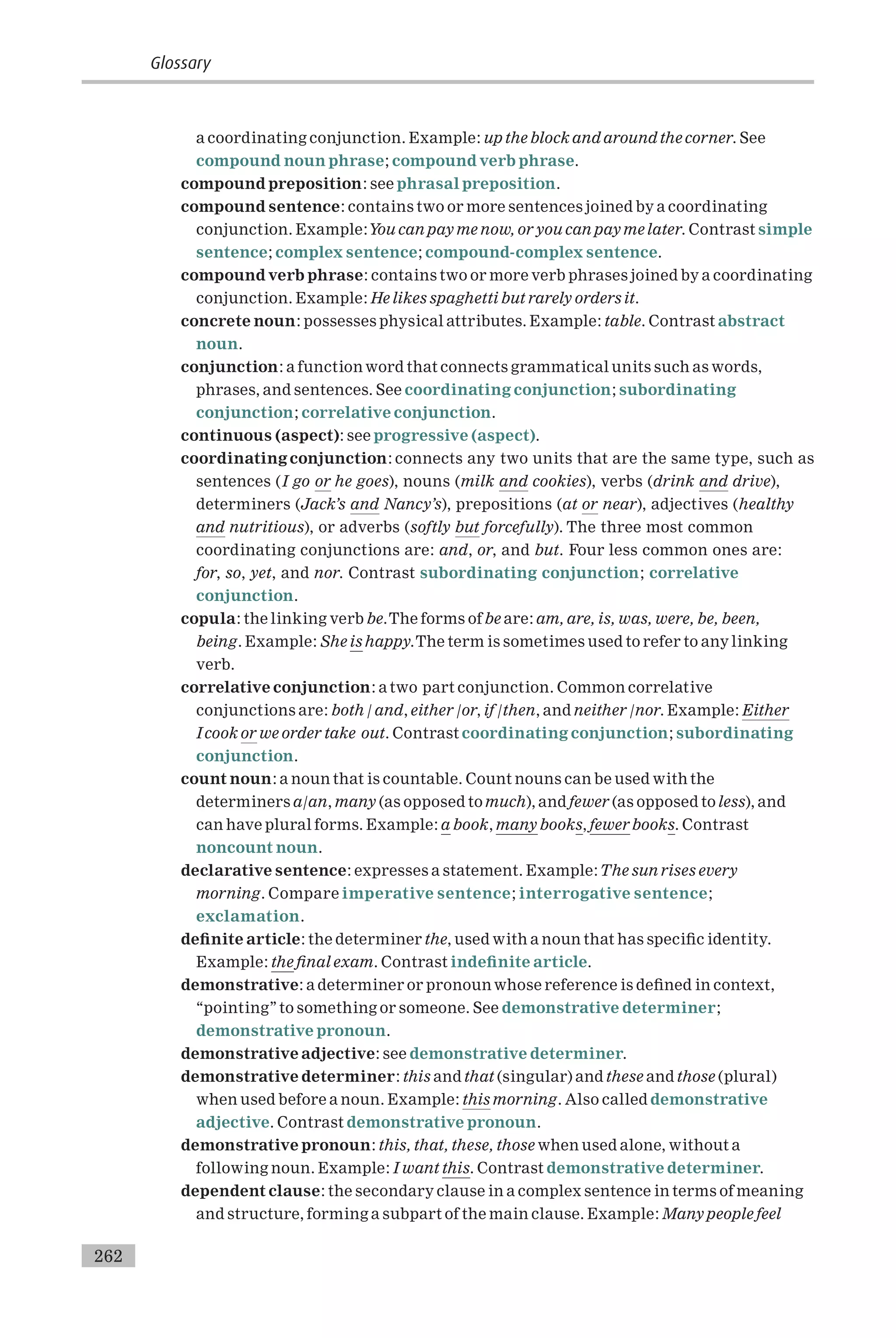 a coordinating conjunction. Example: up the block and around the corner. See
compound noun phrase; compound verb phrase.
compound preposition: see phrasal preposition.
compound sentence: contains two or more sentences joined by a coordinating
conjunction. Example:You can pay me now, or you can pay me later. Contrast simple
sentence; complex sentence; compound-complex sentence.
compound verb phrase: contains two or more verb phrases joined by a coordinating
conjunction. Example: He likes spaghetti but rarely orders it.
concrete noun: possesses physical attributes. Example: table. Contrast abstract
noun.
conjunction: a function word that connects grammatical units such as words,
phrases, and sentences. See coordinating conjunction; subordinating
conjunction; correlative conjunction.
continuous (aspect): see progressive (aspect).
coordinating conjunction: connects any two units that are the same type, such as
sentences (I go or he goes), nouns (milk and cookies), verbs (drink and drive),
determiners (Jack’s and Nancy’s), prepositions (at or near), adjectives (healthy
and nutritious), or adverbs (softly but forcefully). The three most common
coordinating conjunctions are: and, or, and but. Four less common ones are:
for, so, yet, and nor. Contrast subordinating conjunction; correlative
conjunction.
copula: the linking verb be.The forms ofbe are: am, are, is, was, were, be, been,
being. Example: She is happy.The term is sometimes used to refer to any linking
verb.
correlative conjunction: a two part conjunction. Common correlative
conjunctions are: both / and, either /or, if /then, and neither /nor. Example: Either
I cook or we order take out. Contrast coordinating conjunction; subordinating
conjunction.
count noun: a noun that is countable. Count nouns can be used with the
determiners a/an, many (as opposed to much), and fewer (as opposed to less), and
can have plural forms. Example: a book, many books, fewerbooks. Contrast
noncount noun.
declarative sentence: expresses a statement. Example:The sun rises every
morning. Compare imperative sentence; interrogative sentence;
exclamation.
de¢nite article: the determiner the, used with a noun that has speci¢c identity.
Example: the ¢nal exam. Contrast inde¢nite article.
demonstrative: a determiner or pronoun whose reference is de¢ned in context,
‘‘pointing’’ to something or someone. See demonstrative determiner;
demonstrative pronoun.
demonstrative adjective: see demonstrative determiner.
demonstrative determiner: this and that (singular) and these and those (plural)
when used before a noun. Example: this morning. Also called demonstrative
adjective. Contrast demonstrative pronoun.
demonstrative pronoun: this, that, these, those when used alone, without a
following noun. Example: I want this. Contrast demonstrative determiner.
dependent clause: the secondary clause in a complex sentence in terms of meaning
and structure, forming a subpart of the main clause. Example: Many people feel
Glossary
262
 