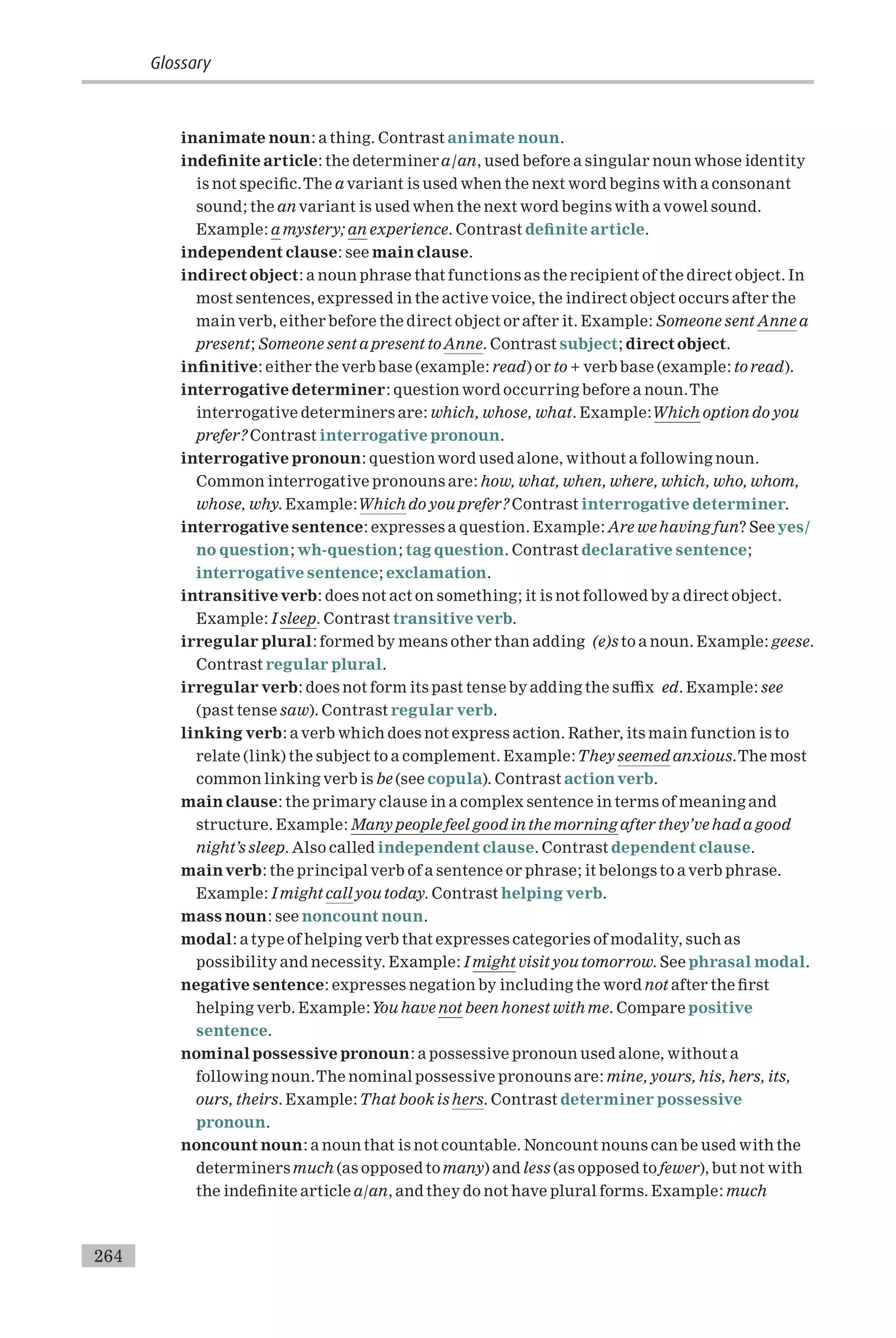 inanimate noun: a thing. Contrast animate noun.
inde¢nite article: the determiner a/an, used before a singular noun whose identity
is not speci¢c.The a variant is used when the next word begins with a consonant
sound; the an variant is used when the next word begins with a vowel sound.
Example: a mystery; an experience. Contrast de¢nite article.
independent clause: see main clause.
indirect object: a noun phrase that functions as the recipient of the direct object. In
most sentences, expressed in the active voice, the indirect object occurs after the
main verb, either before the direct object or after it. Example: Someone sent Anne a
present; Someone sent a present toAnne. Contrast subject; direct object.
in¢nitive: either the verb base (example: read) or to + verb base (example: to read).
interrogative determiner: question word occurring before a noun.The
interrogative determiners are: which, whose, what. Example:Which option do you
prefer? Contrast interrogative pronoun.
interrogative pronoun: question word used alone, without a following noun.
Common interrogative pronouns are: how, what, when, where, which, who, whom,
whose, why. Example:Which do you prefer? Contrast interrogative determiner.
interrogative sentence: expresses a question. Example: Are we having fun? See yes/
no question; wh-question; tag question. Contrast declarative sentence;
interrogative sentence; exclamation.
intransitive verb: does not act on something; it is not followed by a direct object.
Example: I sleep. Contrast transitive verb.
irregular plural: formed by means other than adding (e)s to a noun. Example: geese.
Contrast regular plural.
irregular verb: does not form its past tense by adding the su⁄x ed. Example: see
(past tense saw). Contrast regular verb.
linking verb: a verb which does not express action. Rather, its main function is to
relate (link) the subject to a complement. Example:They seemed anxious.The most
common linking verb is be (see copula). Contrast actionverb.
main clause: the primary clause in a complex sentence in terms of meaning and
structure. Example: Many people feel good in the morning after they’ve had a good
night’s sleep. Also called independent clause. Contrast dependent clause.
mainverb: the principal verb of a sentence or phrase; it belongs to a verb phrase.
Example: I might call you today. Contrast helping verb.
mass noun: see noncount noun.
modal: a type of helping verb that expresses categories of modality, such as
possibility and necessity. Example: I might visit you tomorrow. See phrasal modal.
negative sentence: expresses negation by including the word not after the ¢rst
helping verb. Example:You have not been honest with me. Compare positive
sentence.
nominal possessive pronoun: a possessive pronoun used alone, without a
following noun.The nominal possessive pronouns are: mine, yours, his, hers, its,
ours, theirs. Example:That book is hers. Contrast determiner possessive
pronoun.
noncount noun: a noun that is not countable. Noncount nouns can be used with the
determiners much (as opposed to many) and less (as opposed to fewer), but not with
the inde¢nite article a/an, and they do not have plural forms. Example: much
Glossary
264
 