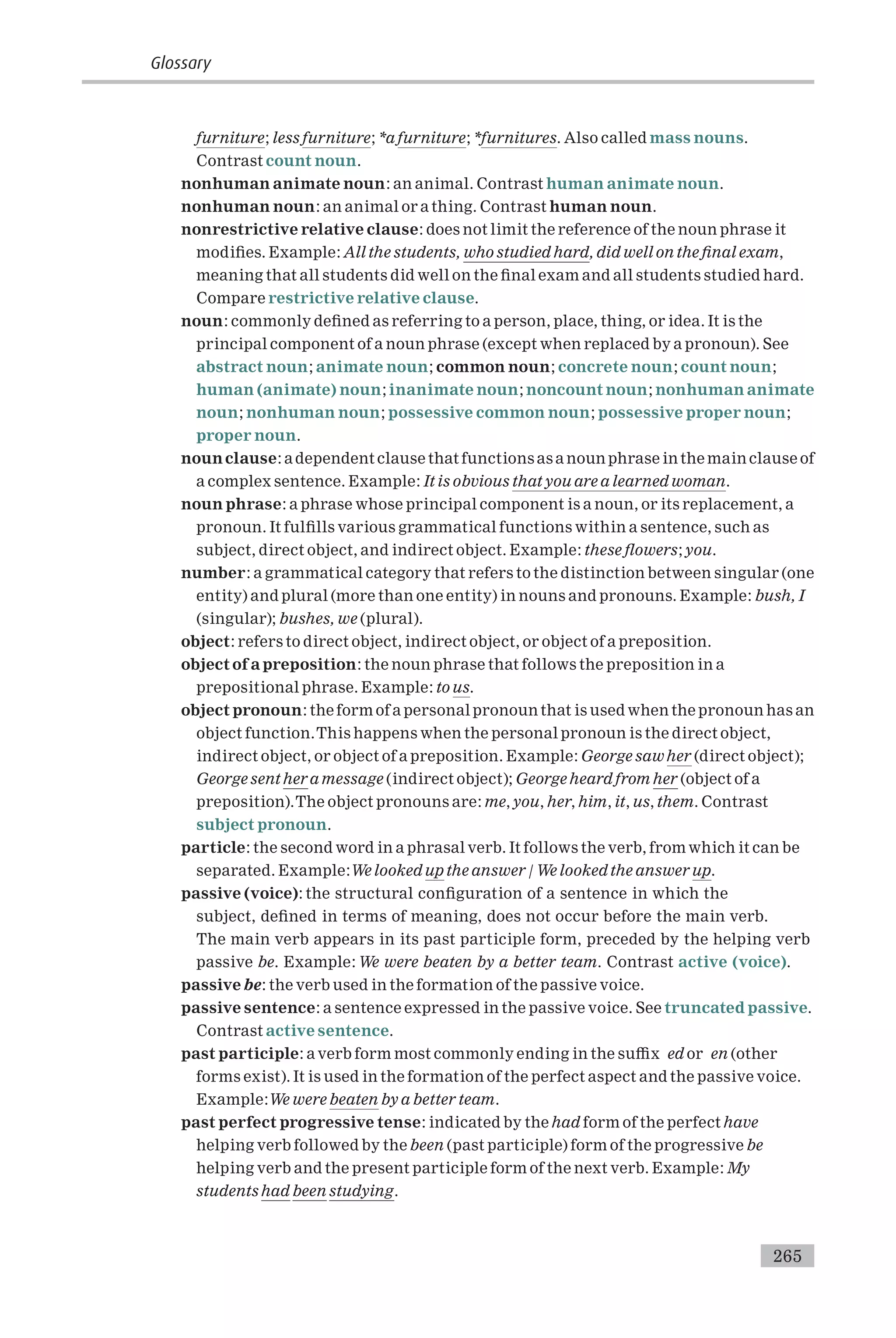 furniture; less furniture; *a furniture; *furnitures. Also called mass nouns.
Contrast count noun.
nonhuman animate noun: an animal. Contrast human animate noun.
nonhuman noun: an animal or a thing. Contrast human noun.
nonrestrictive relative clause: does not limit the reference of the noun phrase it
modi¢es. Example: All the students, who studied hard, did well on the ¢nal exam,
meaning that all students did well on the ¢nal exam and all students studied hard.
Compare restrictive relative clause.
noun: commonly de¢ned as referring to a person, place, thing, or idea. It is the
principal component of a noun phrase (except when replaced by a pronoun). See
abstract noun; animate noun; common noun; concrete noun; count noun;
human (animate) noun; inanimate noun; noncount noun; nonhuman animate
noun; nonhuman noun; possessive common noun; possessive proper noun;
proper noun.
nounclause: adependent clause that functions as a noun phrase in the main clause of
a complex sentence. Example: It is obvious that you are a learned woman.
noun phrase: a phrase whose principal component is a noun, or its replacement, a
pronoun. It ful¢lls various grammatical functions within a sentence, such as
subject, direct object, and indirect object. Example: these £owers; you.
number: a grammatical category that refers to the distinction between singular (one
entity) and plural (more than one entity) in nouns and pronouns. Example: bush, I
(singular); bushes, we (plural).
object: refers to direct object, indirect object, or object of a preposition.
object of a preposition: the noun phrase that follows the preposition in a
prepositional phrase. Example: to us.
object pronoun: the form of a personal pronoun that is used when the pronoun has an
object function.This happens when the personal pronoun is the direct object,
indirect object, or object of a preposition. Example: George sawher (direct object);
George sent her a message (indirect object); George heard from her (object of a
preposition).The object pronouns are: me, you, her, him, it, us, them. Contrast
subject pronoun.
particle: the second word in a phrasal verb. It follows the verb, from which it can be
separated. Example:We looked up the answer / We looked the answer up.
passive (voice): the structural con¢guration of a sentence in which the
subject, de¢ned in terms of meaning, does not occur before the main verb.
The main verb appears in its past participle form, preceded by the helping verb
passive be. Example: We were beaten by a better team. Contrast active (voice).
passive be: the verb used in the formation of the passive voice.
passive sentence: a sentence expressed in the passive voice. See truncated passive.
Contrast active sentence.
past participle: a verb form most commonly ending in the su⁄x ed or en (other
forms exist). It is used in the formation of the perfect aspect and the passive voice.
Example:We were beaten by a better team.
past perfect progressive tense: indicated by the had form of the perfect have
helping verb followed by the been (past participle) form of the progressive be
helping verb and the present participle form of the next verb. Example: My
students had been studying.
Glossary
265
 