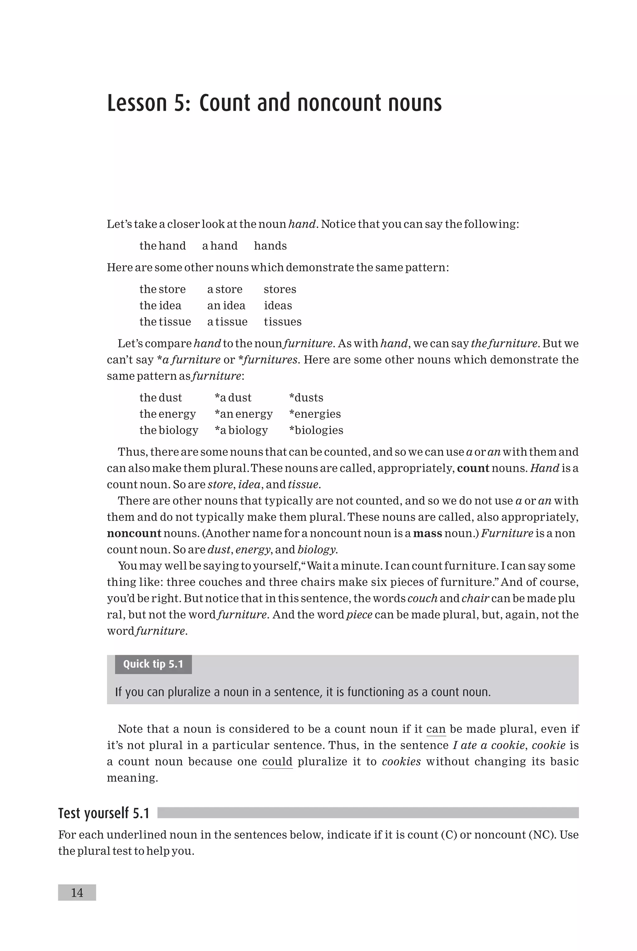 Lesson 5: Count and noncount nouns
Let’s take a closer look at the noun hand. Notice that you can say the following:
the hand a hand hands
Here are some other nouns which demonstrate the same pattern:
the store a store stores
the idea an idea ideas
the tissue a tissue tissues
Let’s compare hand to the noun furniture. As with hand, we can say the furniture. But we
can’t say *a furniture or *furnitures. Here are some other nouns which demonstrate the
same pattern as furniture:
the dust *a dust *dusts
the energy *an energy *energies
the biology *a biology *biologies
Thus, there are some nouns that can be counted, and so we can use a oran with them and
can also make them plural.These nouns are called, appropriately, count nouns. Hand is a
count noun. So are store, idea, and tissue.
There are other nouns that typically are not counted, and so we do not use a or an with
them and do not typically make them plural.These nouns are called, also appropriately,
noncount nouns. (Another name for a noncount noun is a mass noun.) Furniture is a non
count noun. So are dust, energy, and biology.
You may well be saying to yourself,‘‘Wait a minute. Ican count furniture. Ican say some
thing like: three couches and three chairs make six pieces of furniture.’’And of course,
you’d be right. But notice that in this sentence, the words couch and chair can be made plu
ral, but not the word furniture. And the word piece can be made plural, but, again, not the
word furniture.
Quick tip 5.1
If you can pluralize a noun in a sentence, it is functioning as a count noun.
Note that a noun is considered to be a count noun if it can be made plural, even if
it’s not plural in a particular sentence. Thus, in the sentence I ate a cookie, cookie is
a count noun because one could pluralize it to cookies without changing its basic
meaning.
Test yourself 5.1
For each underlined noun in the sentences below, indicate if it is count (C) or noncount (NC). Use
the plural test to help you.
14
 