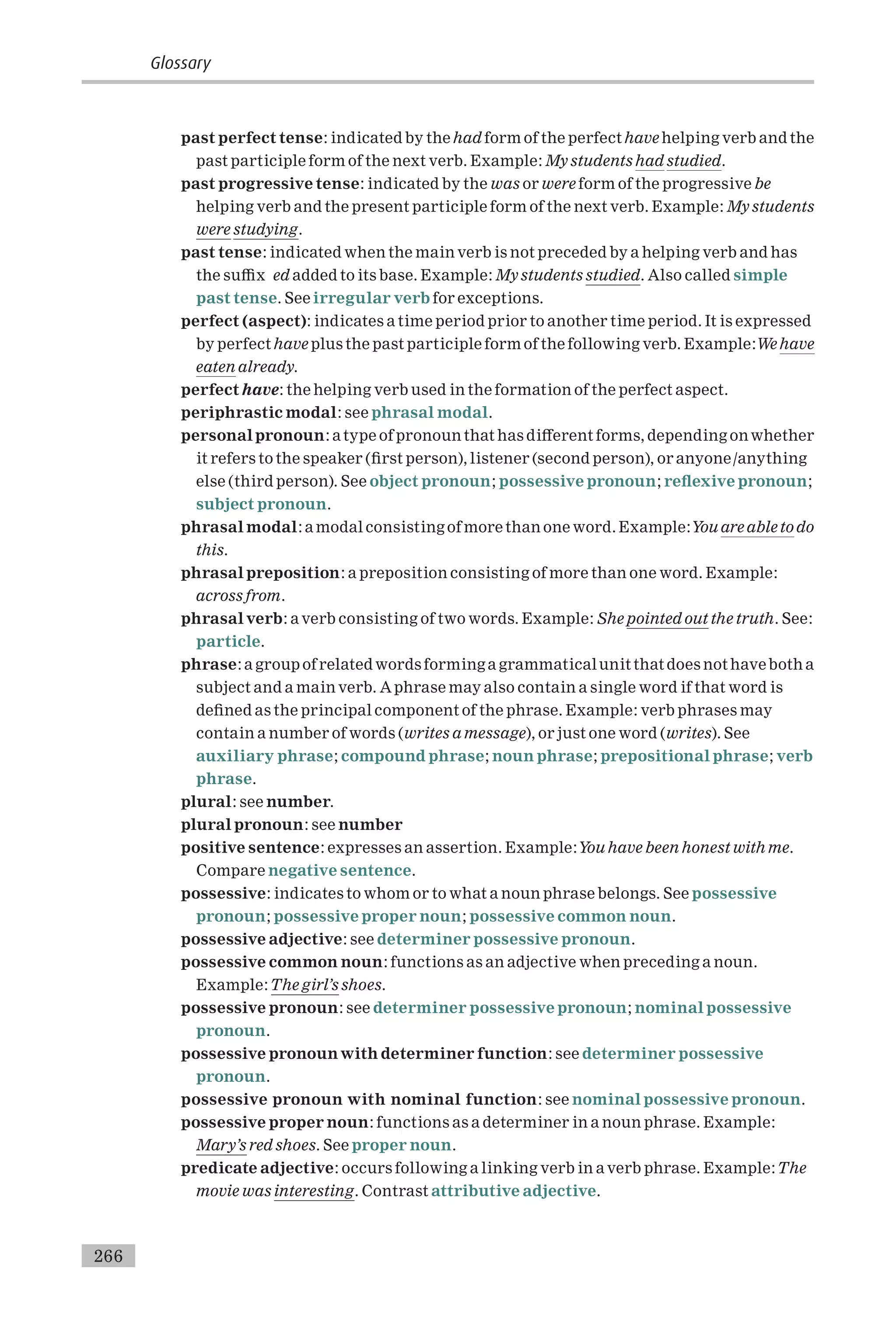 past perfect tense: indicated by the had form of the perfect have helping verb and the
past participle form of the next verb. Example: My students had studied.
past progressive tense: indicated by the was or were form of the progressive be
helping verb and the present participle form of the next verb. Example: My students
were studying.
past tense: indicated when the main verb is not preceded by a helping verb and has
the su⁄x ed added to its base. Example: My students studied. Also called simple
past tense. See irregular verb for exceptions.
perfect (aspect): indicates a time period prior to another time period. It is expressed
by perfect have plus the past participle form of the following verb. Example:We have
eaten already.
perfect have: the helping verb used in the formation of the perfect aspect.
periphrastic modal: see phrasal modal.
personalpronoun: atype of pronoun that has di¡erent forms, depending onwhether
it refers to the speaker (¢rst person), listener (second person), or anyone/anything
else (third person). See object pronoun; possessive pronoun; re£exive pronoun;
subject pronoun.
phrasal modal: a modal consisting of more than one word. Example:You are able to do
this.
phrasal preposition: a preposition consisting of more than one word. Example:
across from.
phrasal verb: a verb consisting of two words. Example: She pointed out the truth. See:
particle.
phrase: a group of related words forming a grammaticalunit that does not haveboth a
subject and a main verb. A phrase may also contain a single word if that word is
de¢ned as the principal component of the phrase. Example: verb phrases may
contain a number of words (writes a message), or just one word (writes). See
auxiliary phrase; compound phrase; noun phrase; prepositional phrase; verb
phrase.
plural: see number.
plural pronoun: see number
positive sentence: expresses an assertion. Example:You have been honest with me.
Compare negative sentence.
possessive: indicates to whom or to what a noun phrase belongs. See possessive
pronoun; possessive proper noun; possessive common noun.
possessive adjective: see determiner possessive pronoun.
possessive common noun: functions as an adjective when preceding a noun.
Example:The girl’s shoes.
possessive pronoun: see determiner possessive pronoun; nominal possessive
pronoun.
possessive pronounwith determiner function: see determiner possessive
pronoun.
possessive pronoun with nominal function: see nominal possessive pronoun.
possessive proper noun: functions as a determiner in a noun phrase. Example:
Mary’s red shoes. See proper noun.
predicate adjective: occurs following a linking verb in a verb phrase. Example:The
movie was interesting. Contrast attributive adjective.
Glossary
266
 