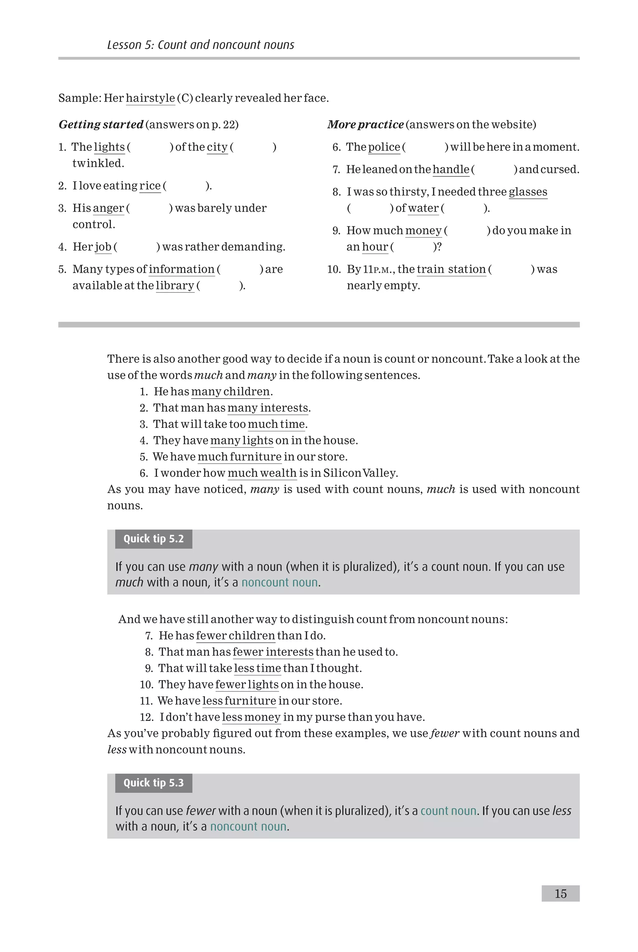 Sample: Her hairstyle (C) clearly revealed her face.
Getting started (answers on p. 22)
1. The lights ( ) of the city ( )
twinkled.
2. I love eating rice ( ).
3. His anger ( ) was barely under
control.
4. Her job ( ) was rather demanding.
5. Many types of information ( ) are
available at the library ( ).
More practice (answers on the website)
6. The police ( ) willbehere in amoment.
7. Heleanedonthehandle( ) andcursed.
8. I was so thirsty, I needed three glasses
( ) of water ( ).
9. How much money ( ) do you make in
an hour ( )?
10. By11P.M., the train station ( ) was
nearly empty.
There is also another good way to decide if a noun is count or noncount.Take a look at the
use of the words much and many in the following sentences.
1. He has many children.
2. That man has many interests.
3. That will take too much time.
4. They have many lights on in the house.
5. We have much furniture in our store.
6. I wonder how much wealth is in SiliconValley.
As you may have noticed, many is used with count nouns, much is used with noncount
nouns.
Quick tip 5.2
If you can use many with a noun (when it is pluralized), it’s a count noun. If you can use
much with a noun, it’s a noncount noun.
And we have still another way to distinguish count from noncount nouns:
7. He has fewer children than I do.
8. That man has fewer interests than he used to.
9. That will take less time than I thought.
10. They have fewer lights on in the house.
11. We have less furniture in our store.
12. I don’t have less money in my purse than you have.
As you’ve probably ¢gured out from these examples, we use fewer with count nouns and
less with noncount nouns.
Quick tip 5.3
If you can use fewer with a noun (when it is pluralized), it’s a count noun. If you can use less
with a noun, it’s a noncount noun.
Lesson 5: Count and noncount nouns
15
 