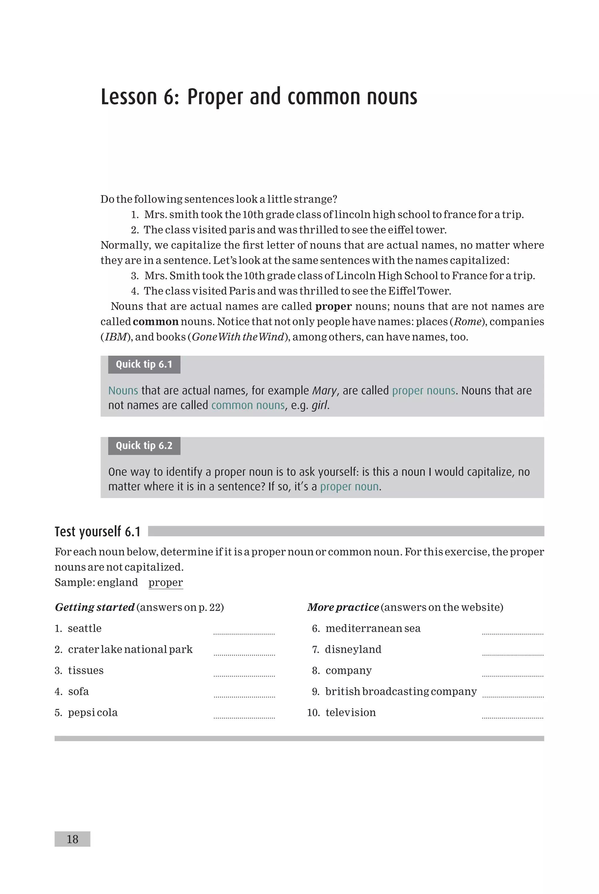 Lesson 6: Proper and common nouns
Do the following sentences look a little strange?
1. Mrs. smith took the10th grade class of lincoln high school to france for a trip.
2. The class visited paris and was thrilled to see the ei¡el tower.
Normally, we capitalize the ¢rst letter of nouns that are actual names, no matter where
they are in a sentence. Let’s look at the same sentences with the names capitalized:
3. Mrs. Smith took the10th grade class of Lincoln High School to France for a trip.
4. The class visited Paris and was thrilled to see the Ei¡elTower.
Nouns that are actual names are called proper nouns; nouns that are not names are
called common nouns. Notice that not only people have names: places (Rome), companies
(IBM), and books (GoneWith theWind), among others, can have names, too.
Quick tip 6.1
Nouns that are actual names, for example Mary, are called proper nouns. Nouns that are
not names are called common nouns, e.g. girl.
Quick tip 6.2
One way to identify a proper noun is to ask yourself: is this a noun I would capitalize, no
matter where it is in a sentence? If so, it’s a proper noun.
Test yourself 6.1
For each noun below, determine if it is a proper noun or common noun. For this exercise, the proper
nouns are not capitalized.
Sample: england proper
Getting started (answers on p. 22)
1. seattle ...............................
2. crater lake national park ...............................
3. tissues ...............................
4. sofa ...............................
5. pepsi cola ...............................
More practice (answers on the website)
6. mediterranean sea ...............................
7. disneyland ...............................
8. company ...............................
9. british broadcasting company ...............................
10. television ...............................
18
 