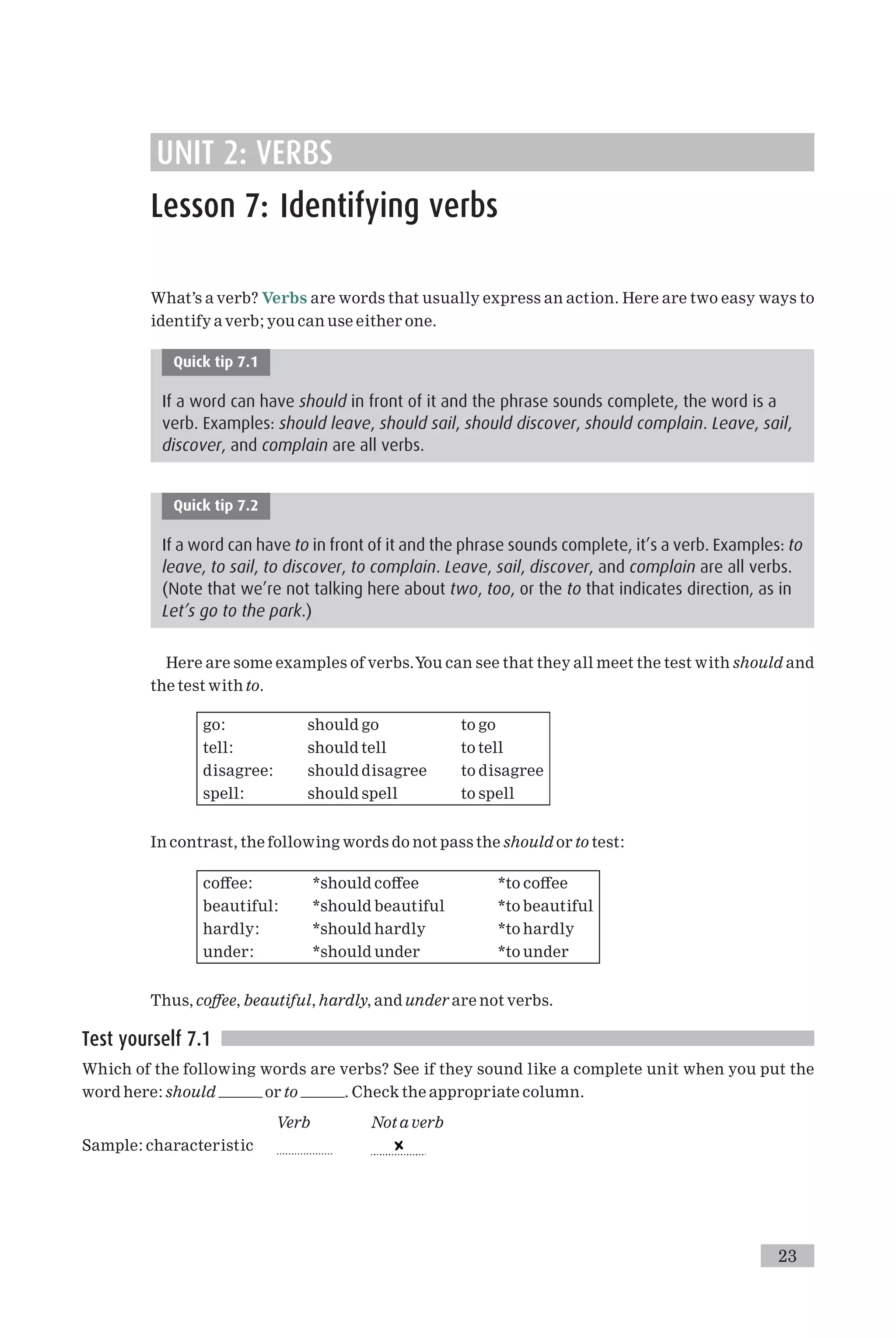 UNIT 2: VERBS
Lesson 7: Identifying verbs
What’s a verb? Verbs are words that usually express an action. Here are two easy ways to
identify a verb; you can use either one.
Quick tip 7.1
If a word can have should in front of it and the phrase sounds complete, the word is a
verb. Examples: should leave, should sail, should discover, should complain. Leave, sail,
discover, and complain are all verbs.
Quick tip 7.2
If a word can have to in front of it and the phrase sounds complete, it’s a verb. Examples: to
leave, to sail, to discover, to complain. Leave, sail, discover, and complain are all verbs.
(Note that we’re not talking here about two, too, or the to that indicates direction, as in
Let’s go to the park.)
Here are some examples of verbs.You can see that they all meet the test with should and
the test with to.
go: should go to go
tell: should tell to tell
disagree: should disagree to disagree
spell: should spell to spell
In contrast, the following words do not pass the should or to test:
co¡ee: *should co¡ee *to co¡ee
beautiful: *should beautiful *to beautiful
hardly: *should hardly *to hardly
under: *should under *to under
Thus, co¡ee, beautiful, hardly, and under are not verbs.
Test yourself 7.1
Which of the following words are verbs? See if they sound like a complete unit when you put the
word here: should or to . Check the appropriate column.
Verb Not a verb
Sample: characteristic ...................
23
 