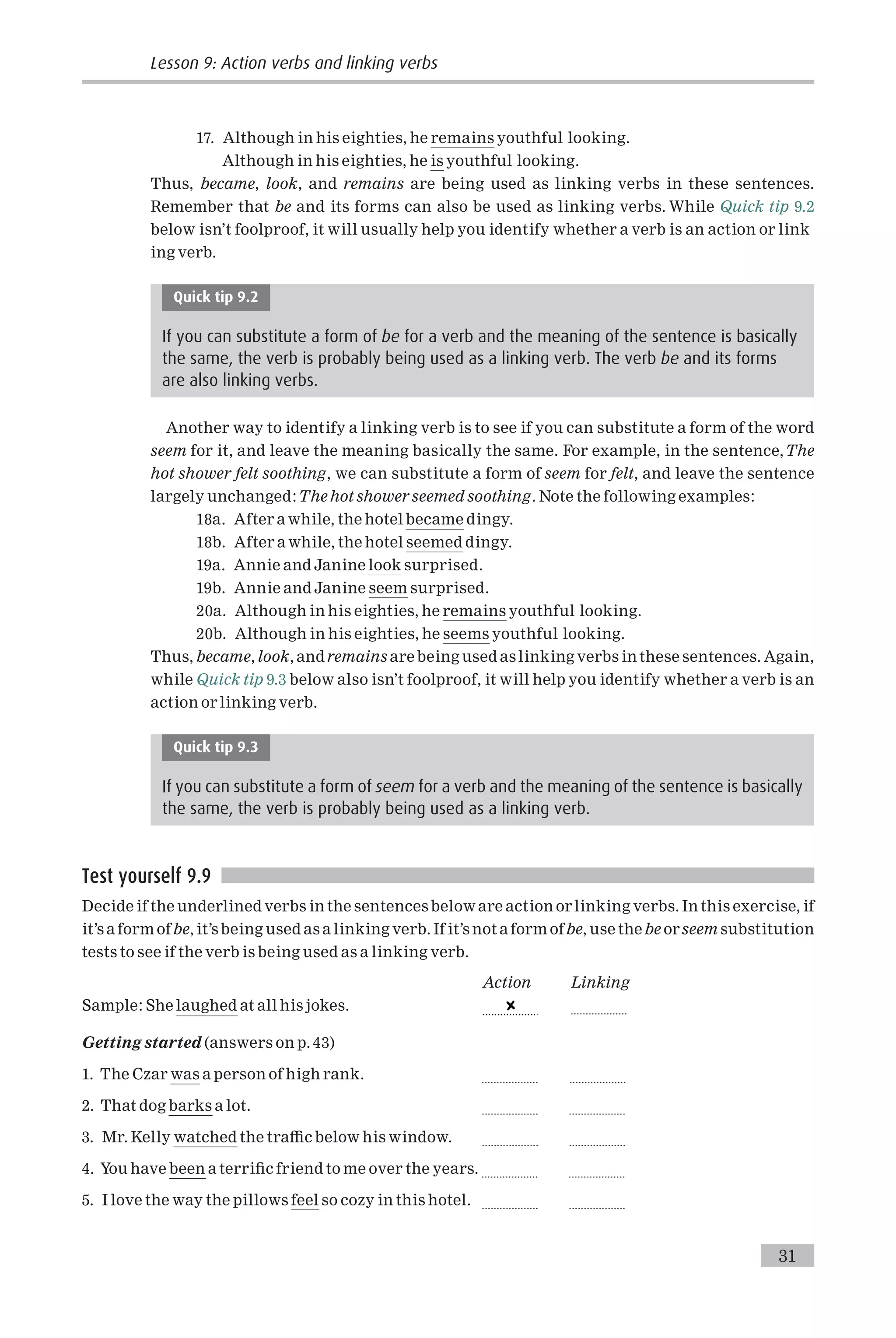 17. Although in his eighties, he remains youthful looking.
Although in his eighties, he is youthful looking.
Thus, became, look, and remains are being used as linking verbs in these sentences.
Remember that be and its forms can also be used as linking verbs. While Quick tip 9.2
below isn’t foolproof, it will usually help you identify whether a verb is an action or link
ing verb.
Quick tip 9.2
If you can substitute a form of be for a verb and the meaning of the sentence is basically
the same, the verb is probably being used as a linking verb. The verb be and its forms
are also linking verbs.
Another way to identify a linking verb is to see if you can substitute a form of the word
seem for it, and leave the meaning basically the same. For example, in the sentence,The
hot shower felt soothing, we can substitute a form of seem for felt, and leave the sentence
largely unchanged:The hot shower seemed soothing. Note the following examples:
18a. After a while, the hotel became dingy.
18b. After a while, the hotel seemed dingy.
19a. Annie and Janine look surprised.
19b. Annie and Janine seem surprised.
20a. Although in his eighties, he remains youthful looking.
20b. Although in his eighties, he seems youthful looking.
Thus, became, look, and remains are being used as linking verbs in these sentences. Again,
while Quick tip 9.3 below also isn’t foolproof, it will help you identify whether a verb is an
action or linking verb.
Quick tip 9.3
If you can substitute a form of seem for a verb and the meaning of the sentence is basically
the same, the verb is probably being used as a linking verb.
Test yourself 9.9
Decide if the underlined verbs in the sentences below are action orlinking verbs. In this exercise, if
it’s a form ofbe, it’s being used as a linking verb. If it’s not a form ofbe, use thebe orseem substitution
tests to see if the verb is being used as a linking verb.
Action Linking
Sample: She laughed at all his jokes. ...................
Getting started (answers on p. 43)
1. The Czar was a person of high rank. ................... ...................
2. That dog barks a lot. ................... ...................
3. Mr. Kelly watched the tra⁄c below his window. ................... ...................
4. You have been a terri¢c friend to me over the years. ................... ...................
5. I love the way the pillows feel so cozy in this hotel. ................... ...................
Lesson 9: Action verbs and linking verbs
31
 