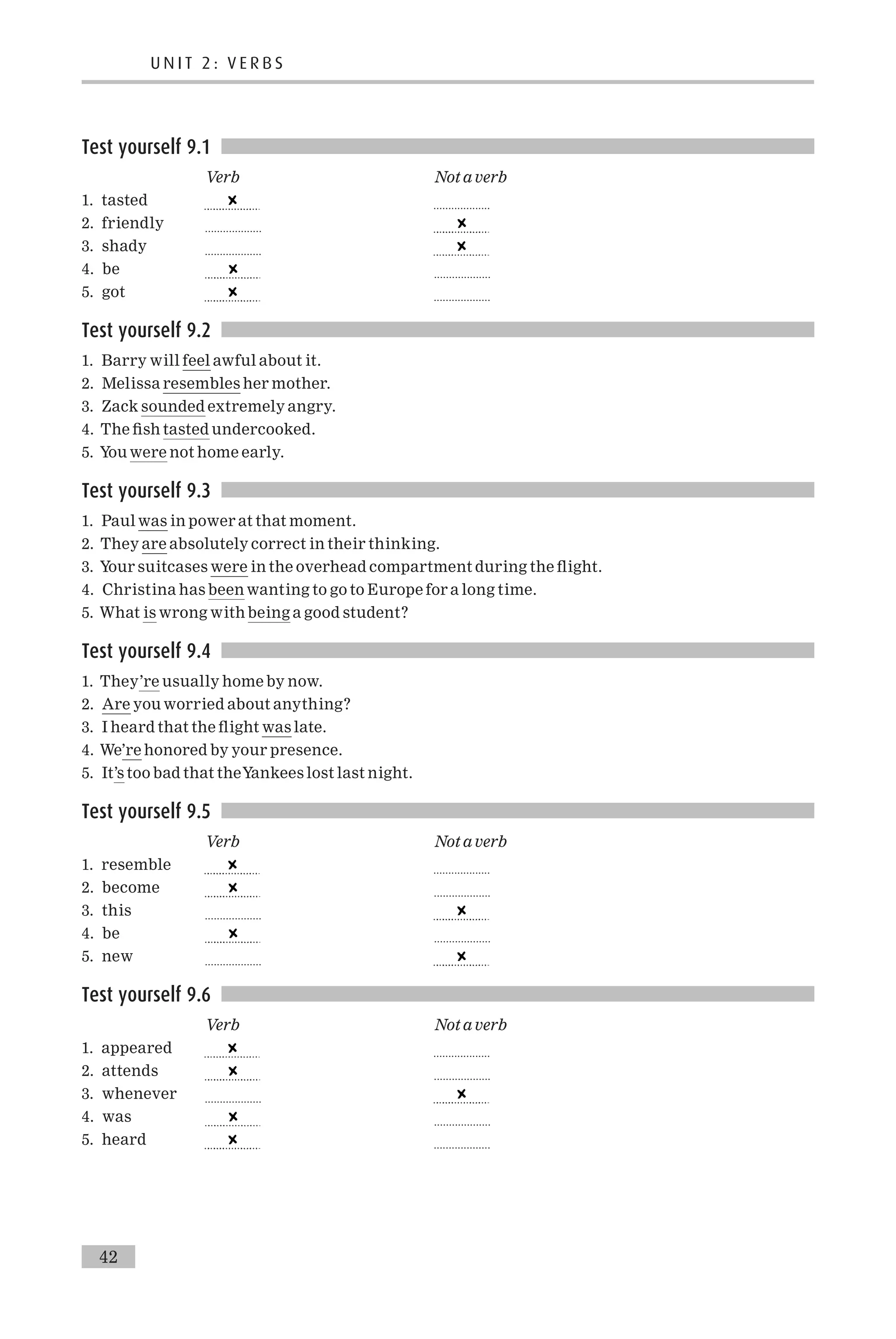 Test yourself 9.1
Verb Not a verb
1. tasted ...................
2. friendly ...................
3. shady ...................
4. be ...................
5. got ...................
Test yourself 9.2
1. Barry will feel awful about it.
2. Melissa resembles her mother.
3. Zack sounded extremely angry.
4. The ¢sh tasted undercooked.
5. You were not home early.
Test yourself 9.3
1. Paul was in power at that moment.
2. They are absolutely correct in their thinking.
3. Your suitcases were in the overhead compartment during the £ight.
4. Christina has been wanting to go to Europe for a long time.
5. What is wrong with being a good student?
Test yourself 9.4
1. They’re usually home by now.
2. Are you worried about anything?
3. I heard that the £ight was late.
4. We’re honored by your presence.
5. It’s too bad that theYankees lost last night.
Test yourself 9.5
Verb Not a verb
1. resemble ...................
2. become ...................
3. this ...................
4. be ...................
5. new ...................
Test yourself 9.6
Verb Not a verb
1. appeared ...................
2. attends ...................
3. whenever ...................
4. was ...................
5. heard ...................
U N I T 2 : V E R B S
42
 