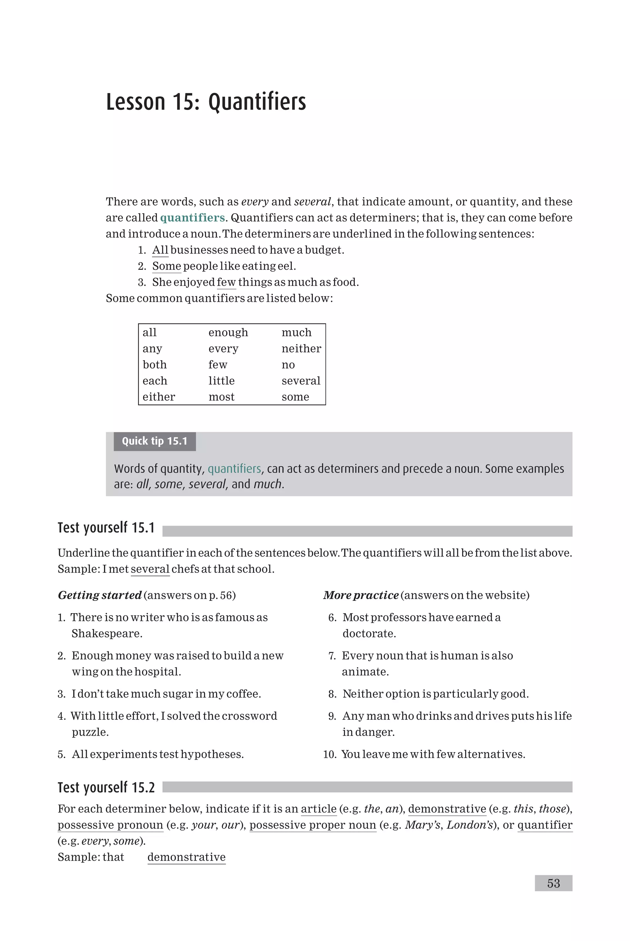 Lesson 15: Quantifiers
There are words, such as every and several, that indicate amount, or quantity, and these
are called quantifiers. Quantifiers can act as determiners; that is, they can come before
and introduce a noun.The determiners are underlined in the following sentences:
1. All businesses need to have a budget.
2. Some people like eating eel.
3. She enjoyed few things as much as food.
Some common quantifiers are listed below:
all enough much
any every neither
both few no
each little several
either most some
Quick tip 15.1
Words of quantity, quantifiers, can act as determiners and precede a noun. Some examples
are: all, some, several, and much.
Test yourself 15.1
Underline the quantifier in each of the sentences below.The quantifiers will all be from the list above.
Sample: I met several chefs at that school.
Getting started (answers on p. 56)
1. There is no writer who is as famous as
Shakespeare.
2. Enough money was raised to build a new
wing on the hospital.
3. I don’t take much sugar in my coffee.
4. With little effort, I solved the crossword
puzzle.
5. All experiments test hypotheses.
More practice (answers on the website)
6. Most professors have earned a
doctorate.
7. Every noun that is human is also
animate.
8. Neither option is particularly good.
9. Any man who drinks and drives puts his life
in danger.
10. You leave me with few alternatives.
Test yourself 15.2
For each determiner below, indicate if it is an article (e.g. the, an), demonstrative (e.g. this, those),
possessive pronoun (e.g. your, our), possessive proper noun (e.g. Mary’s, London’s), or quantifier
(e.g. every, some).
Sample: that demonstrative
53
 
