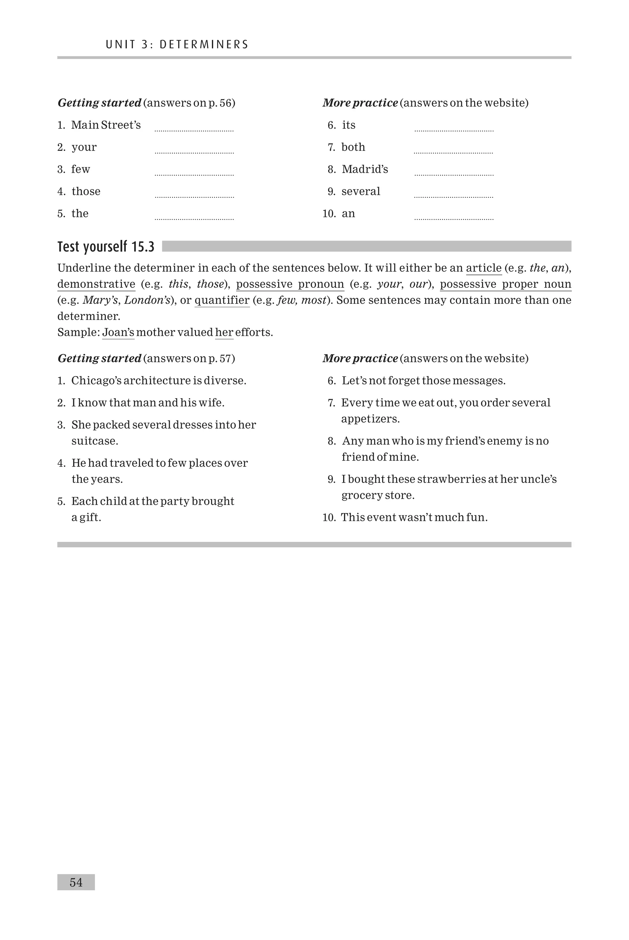Getting started (answers on p. 56)
1. Main Street’s ......................................
2. your ......................................
3. few ......................................
4. those ......................................
5. the ......................................
More practice (answers on the website)
6. its ......................................
7. both ......................................
8. Madrid’s ......................................
9. several ......................................
10. an ......................................
Test yourself 15.3
Underline the determiner in each of the sentences below. It will either be an article (e.g. the, an),
demonstrative (e.g. this, those), possessive pronoun (e.g. your, our), possessive proper noun
(e.g. Mary’s, London’s), or quantifier (e.g. few, most). Some sentences may contain more than one
determiner.
Sample: Joan’s mother valued her efforts.
Getting started (answers on p. 57)
1. Chicago’s architecture is diverse.
2. I know that man and his wife.
3. She packed several dresses into her
suitcase.
4. He had traveled to few places over
the years.
5. Each child at the party brought
a gift.
More practice (answers on the website)
6. Let’s not forget those messages.
7. Every time we eat out, you order several
appetizers.
8. Any man who is my friend’s enemy is no
friend of mine.
9. I bought these strawberries at her uncle’s
grocery store.
10. This event wasn’t much fun.
U N I T 3 : D E T E R M I N E R S
54
 