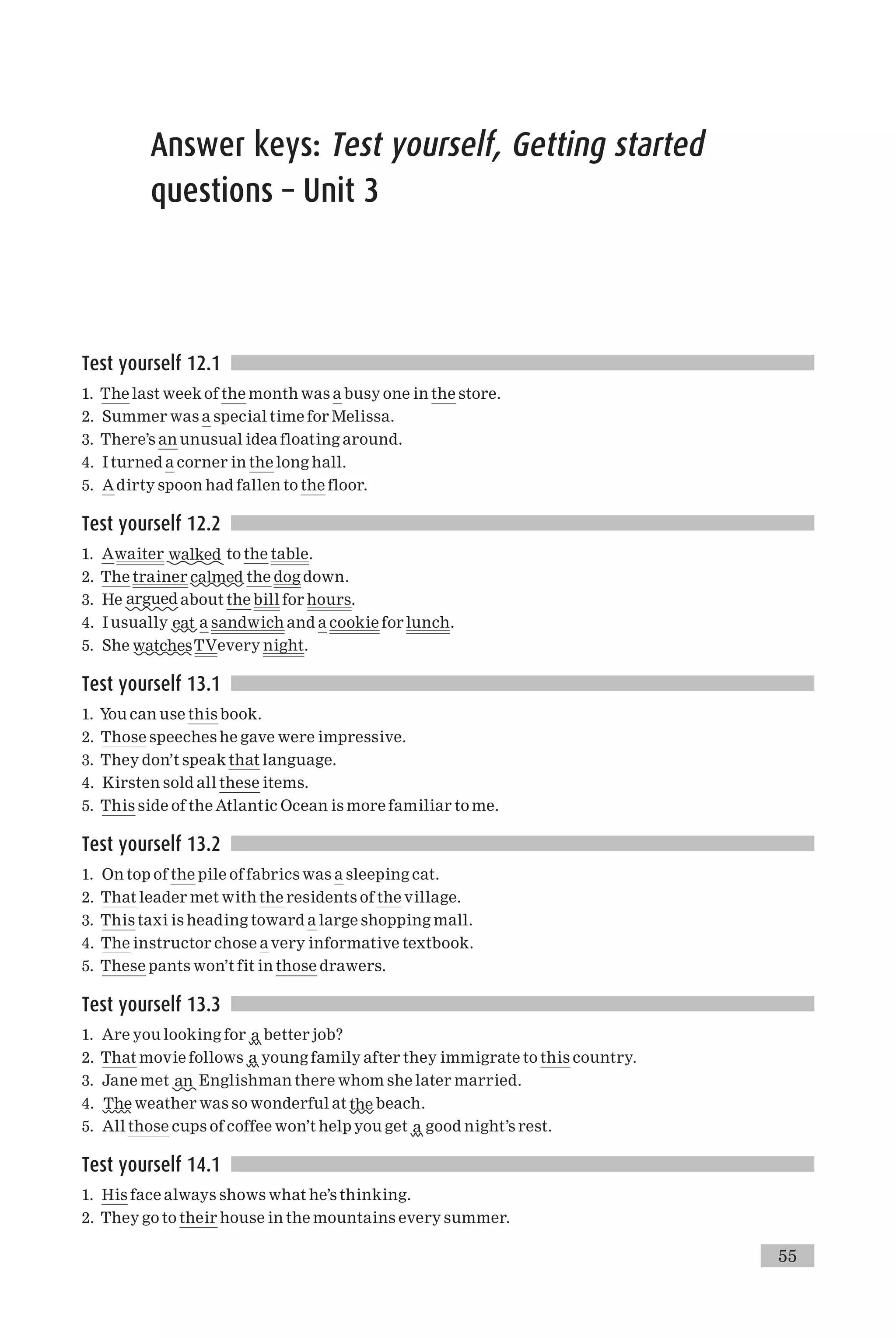 Answer keys: Test yourself, Getting started
questions – Unit 3
Test yourself 12.1
1. The last week of the month was a busy one in the store.
2. Summer was a special time for Melissa.
3. There’s an unusual idea floating around.
4. I turned a corner in the long hall.
5. Adirty spoon had fallen to the floor.
Test yourself 12.2
1. Awaiter walked to the table.
2. The trainer calmed the dog down.
3. He argued about the bill for hours.
4. I usually eat a sandwich and a cookie for lunch.
5. She watchesTVevery night.
Test yourself 13.1
1. You can use this book.
2. Those speeches he gave were impressive.
3. They don’t speak that language.
4. Kirsten sold all these items.
5. This side of the Atlantic Ocean is more familiar to me.
Test yourself 13.2
1. On top of the pile of fabrics was a sleeping cat.
2. That leader met with the residents of the village.
3. This taxi is heading toward a large shopping mall.
4. The instructor chose avery informative textbook.
5. These pants won’t fit in those drawers.
Test yourself 13.3
1. Are you looking for a better job?
2. That movie follows a young family after they immigrate to this country.
3. Jane met an Englishman there whom she later married.
4. The weather was so wonderful at the beach.
5. All those cups of coffee won’t help you get a good night’s rest.
Test yourself 14.1
1. His face always shows what he’s thinking.
2. They go to their house in the mountains every summer.
55
 