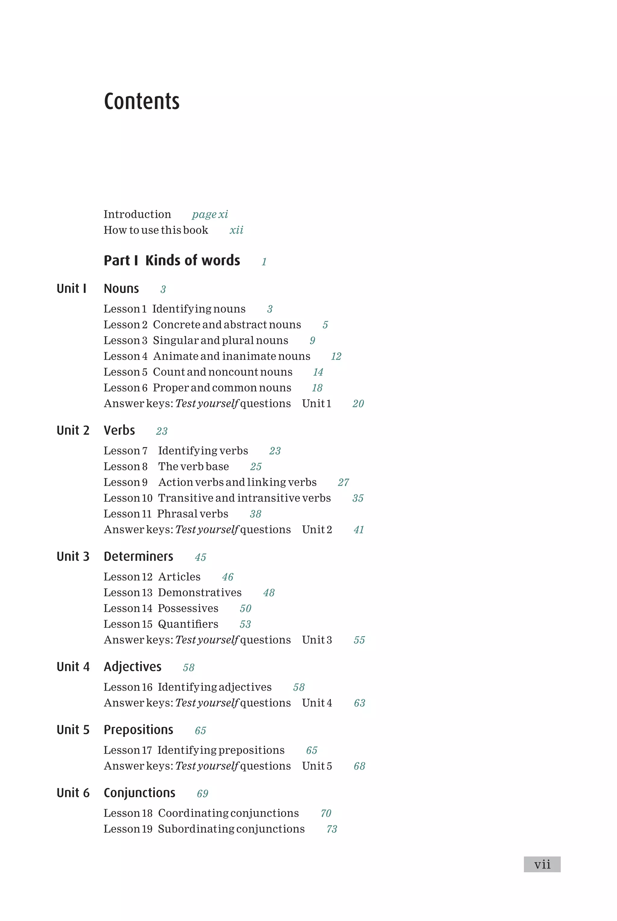 Contents
Introduction page xi
How to use this book xii
Part I Kinds of words 1
Unit I Nouns 3
Lesson1 Identifying nouns 3
Lesson 2 Concrete and abstract nouns 5
Lesson 3 Singular and plural nouns 9
Lesson 4 Animate and inanimate nouns 12
Lesson 5 Count and noncount nouns 14
Lesson 6 Proper and common nouns 18
Answer keys:Test yourself questions Unit1 20
Unit 2 Verbs 23
Lesson 7 Identifying verbs 23
Lesson 8 The verb base 25
Lesson 9 Action verbs and linking verbs 27
Lesson10 Transitive and intransitive verbs 35
Lesson11 Phrasal verbs 38
Answer keys:Test yourself questions Unit 2 41
Unit 3 Determiners 45
Lesson12 Articles 46
Lesson13 Demonstratives 48
Lesson14 Possessives 50
Lesson15 Quanti¢ers 53
Answer keys:Test yourself questions Unit 3 55
Unit 4 Adjectives 58
Lesson16 Identifying adjectives 58
Answer keys:Test yourself questions Unit 4 63
Unit 5 Prepositions 65
Lesson17 Identifying prepositions 65
Answer keys:Test yourself questions Unit 5 68
Unit 6 Conjunctions 69
Lesson18 Coordinating conjunctions 70
Lesson19 Subordinating conjunctions 73
vii
 