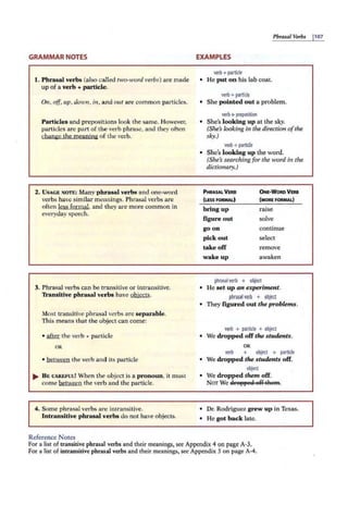 GRAMMAR NOTES
l. Phrasal verbs (also called two-word verbs) are made
up of a verb + particle.
On, off, up, down, in, and out are common particles.
Particles and prepositions look the same. However,
particles are part of the verb phrase, and they often
chane:e the meanine of the verb.
2. USAGE NOTE: Many phrasal verbs and one-word
verbs have similar meanings. Phrasal verbs are
often less formal. and ilhey are more common in
everyday speech.
3. Phrasal verbs can be transitive or intransitive.
Transitive phrasal verbs have objects.
Most transitive phrasal verbs are separable.
This means that the object can come:
• ~ the verb + particle
OR
• between the verb and its particle
.... B E CARl!FIJI:! When the object is a pronoun, it must
come between the verb and the particle.
4. Some phrasal verbs are intransitive.
Intransitive phrasal verbs do not have objects.
Reference Notes
Phrtl$a/ Verl>s j107
EXAMPLES
verb+ particle
• He put on his lab coat.
verb+ particle
• She pointed out a problem.
verb+preposition
• She's looking up at the sky.
(She's looking in the direction ofthe
sky.)
verb +parlide
• She's looking up the word.
(Site's searching for the word in tlte
dictionary.)
PHRlSAL VERB ONE-WORD VERB
(LESS FORMAL) (MORE FORMAL)
bring up raise
figure out solve
goon continue
pick out select
take off remove
wakeup awaken
phrasalverb + objeet
• He set up an experiment.
phrasal verb + object
• They figured out the probl.ems.
verb + particle + object
• We dropped offthe students.
OR
verb + object + particle
• We dropped the studenis off.
object
• We dropped them off.
NOT We af'e1313etl elf tkeffi.
• Dr. Rod1iguez grew up in Texas.
• He got back late.
For a list of transitive phrasal verbs and their meaning~,~ Appl:ndix 4 on page A-3.
For a list of intransitive phrasal verbs and their meanings, see Appendix 5 on page A-4.
 