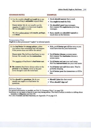 GRAMMAR NOTES
1. Use the modals should and ought to to say
that something is advisable (a good idea).
USAGE NOTES: We do not usually use the
negative of ought to in American English.
We use shouldn't instead.
We often soften adyjce with maybe,perhaps,
orI think.
Pronunciation Note
Advice:Should, Ought to, Had better 1157
EXAMPLES
• Derek should answer that e-mail.
• You ought to read the FAQ.
• We shouldn't post long messages.
NOT COMMON We ettgftt Bet te post long
messages.
• Ryan, maybe you shouldn't spend so
much time on the Internet.
Ought to is often pronounced "oughta" in informal speech.
2. Use had better for strong advice-when
you believe that something bad will happen
if the person does not follow the advice.
U SAGE NOTE: The full form had better is very
fonnal. We usually use the contraction.
The negative of hadbetter is had better not.
~ B E CAREFUL! Had better always refers to the
present or the future, never to the past
(even though it uses the word had).
3. Use should for questions. We do not
usually use ought to orhadbeuer for
questions.
Reference Notes
• Kids, you'd better get off-line now or you
won't have time for your homework.
• You'd betterchoose a screen name.
N OT COMMON You hes eeKef' choose a
screen name.
• Y
ou'd better not use your real name.
NOT You fie.El 11:et eeKep use your real name.
• You'd better not call them now. They're
probably sleeping.
• You'd better post that tomorrow or it11 be
late.
• Should I join this chat room?
• When should I sign on?
For general information on modals, see Unit 11, Grammar Note 1 on page 126.
Sometimes we use must or have to to give very strong advice. This kind of advice is similar to talking about
necessity or obligation (see Unit 34).
For a list of modals and their functions, see Appendix 19 •
On page A-8.
 