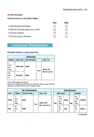 Pmmt Perfect: Since and For jl83
AFTER YOU READ
Readthe statements. CheckTrueorFalse.
True False
1. Bob Burnquist still skates.
2. His only first-place prize was in 1995.
3. He lives in Brazil.
4. He lives close to the beach.
Grammar Presentation
PRESENT PERFECT: SINCE ANO FOR
Statements
Subject Have (not) Past Partldple Since / For
I
You•
have (not) beent
We
They since 1995.
here
He
for a long time.
She has (not) lived
It
•You is both singular and plural.
D
D
D
D
tBee11 is an irregular past participle. See Grammar Notes on page 185 and
Appendix I on page A-1 for a list of irregular verbs.
YesI No Questions
Have Subject Past Partidple Since / For
I
Have
you
been
we
they since 1995?
here
he
for a long time?
Yes,
Has she lived
it
D
D
D
D
Short Answers
Affirmative Negative
you you
I/we
have.
I/ we
haven't.
you you
they No, they
he he
she has. she hasn't.
it it
(continued)
 