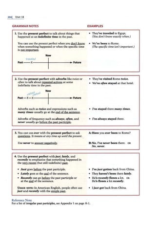204j UNIT 18
GRAMMAR NOTES
1. Use the present perfect to talk about things that
happened at an indefinite time in the past.
You can use the present perfect when you don't know
when something happened or when the specific time
is not important.
Now
traveled
Past--X-----+--------., Future
2. Use the present perfect with adverbs like twice or
often to talk about repeated actions at some
indefinite time in the past.
vi1'i~€>i¢0.
Now
Past-X-X------------1
..
~ Future
Adverbs such as twice and expressions such as
many times usually go at the end of the sentence.
Adverbs of frequency such as always, often, and
never usually go before the past participle.
3. You can use ever with the present perfect to ask
Questjons. It means at any time up until the present.
Use never to answer negatively.
4. Use the present perfect with just,lallly, and
recently to emphasize that something happened in
the yer:y recent (but still indefinite) l2Ml·
• Just goes ~ the past participle.
• Lately goes at the rnd of the sentence.
• Recently can go ~ the past participle or
at the m'1 of the sentence.
USAGE NOTE: In American English, people often use
just and recently with the sjmple past.
Reference Note
EXAMPLES
• They've traveled to Egypt.
(You don't know exactly when.)
• We've been to Rome.
(The specific time isn't important.)
• They've visited Rome twice.
• We've often stayed at that hotel.
• I've stayed there many times.
• I've always stayed there.
A: Have you ever been to Rome?
B:No, I've never been there. OR
No, never.
• I've just gotten back from China.
• They haven't been there lately.
• He's recently flown a lot. OR
He's flown a lot recently.
• I just got back from China.
For a list of irregular past participles, see Appendix 1 on page A-1.
 