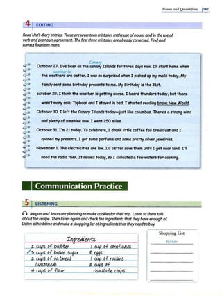 Nouns a11d Q11a11tifiers 1247
41EDITING
Read Uta's diaryentries. There areseventeen mistakes in theuse ofnouns andin the use of
verb andpronoun agreement. Thefirst three mistakes are alreadycorrected. Findand
correctfourteen more.
~
~
~
~
~
~
~
~
~
~
~
~
~
~
~
~
~
~
~
~
Canary
October 27. rve been on the ecnary Islands for three days now. rll start home when
weather ti;
the weathers Gl'e better. I was so surprised when I picked up my mails today. My
family sent some birthday presents to me. My Birthday is the 31st.
october 29. I think the w~her is getting worse. I heard thunders today, but there
wasn't many rain. Typhoon and I stayed in bed. I started reading brave New World.
October 30. I left the Canary Islands today-just like columbus. There's a strong wind
and plenty of sunshine.now. I went 250 miles.
October 31. rm 21 today. To celebrate, I drank little coffee for breakfast and I
opened my presents. I got some perfume and some pretty silver jewelries.
November 1. The electricities are low. rd better save them until I get near land. rll
need the radio then. It rained today, so I collected a few waters for cooking.
Communication Practice
5 I LISTENING
() Megan andJason areplanning to make cookies for theirtrip. Listen to them talk
about the recipe. Then listen again and check theingredients that theyhaveenough of.
Listen a third time andmakea shopping listofingredients that theyneed to buy.
Shopping List
butur
t ~s of bu.±ter I ~ of <..Drn.f/aJ<es
./3 GYpS of browa s~ar K e..n. . .
t. QJPS of oa.±mw I lUf of ratStas
IWl.lbOJ<ed t lUf of
----=
'*
"--'(Mf-S of flour dw<..D/a:/;e dufs
 